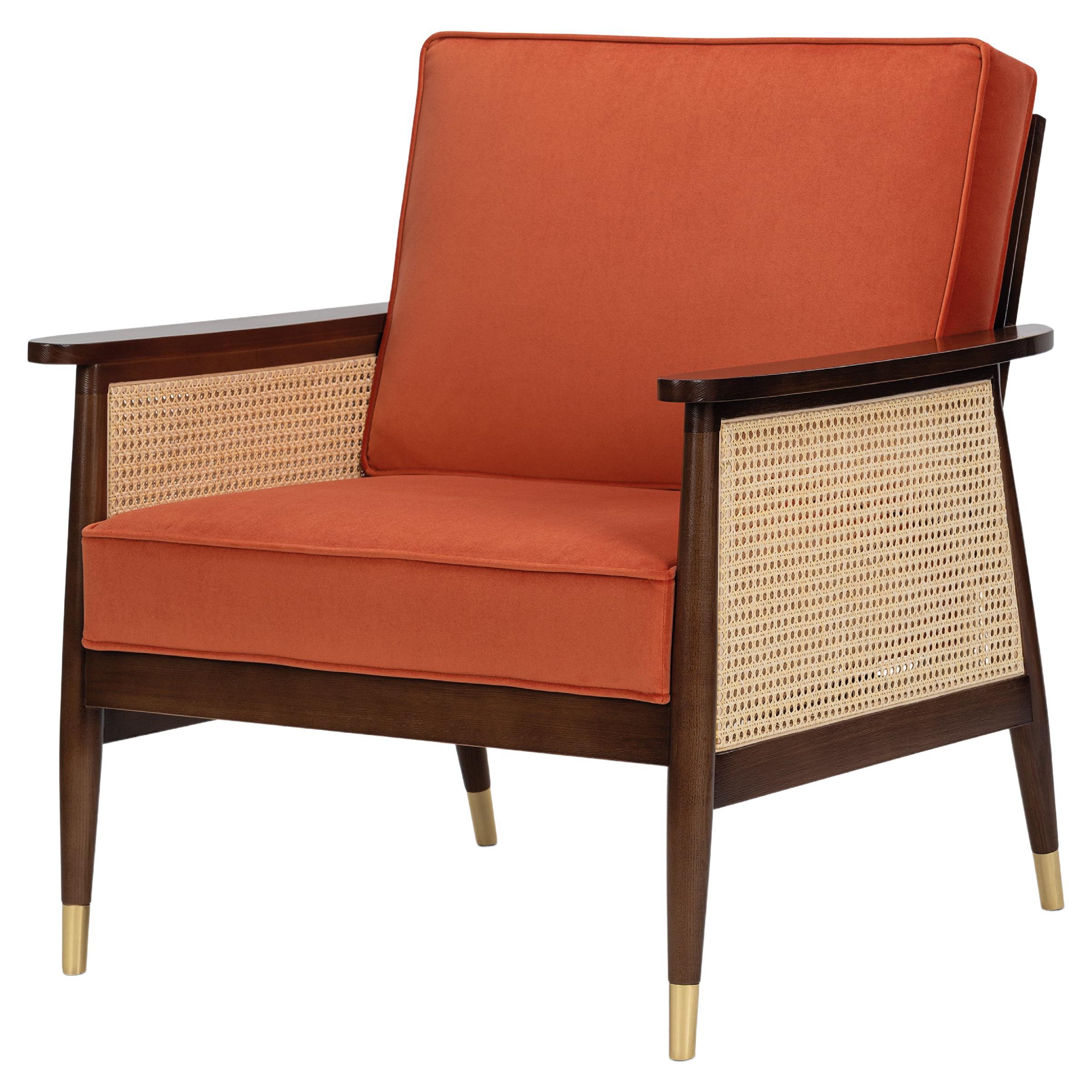 Organic Modern Natur Armchair Made with Walnut, Velvet, Rattan and Brass Details For Sale