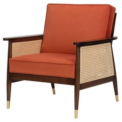 Organic Modern Natur Armchair Made with Walnut, Velvet, Rattan and Brass Details