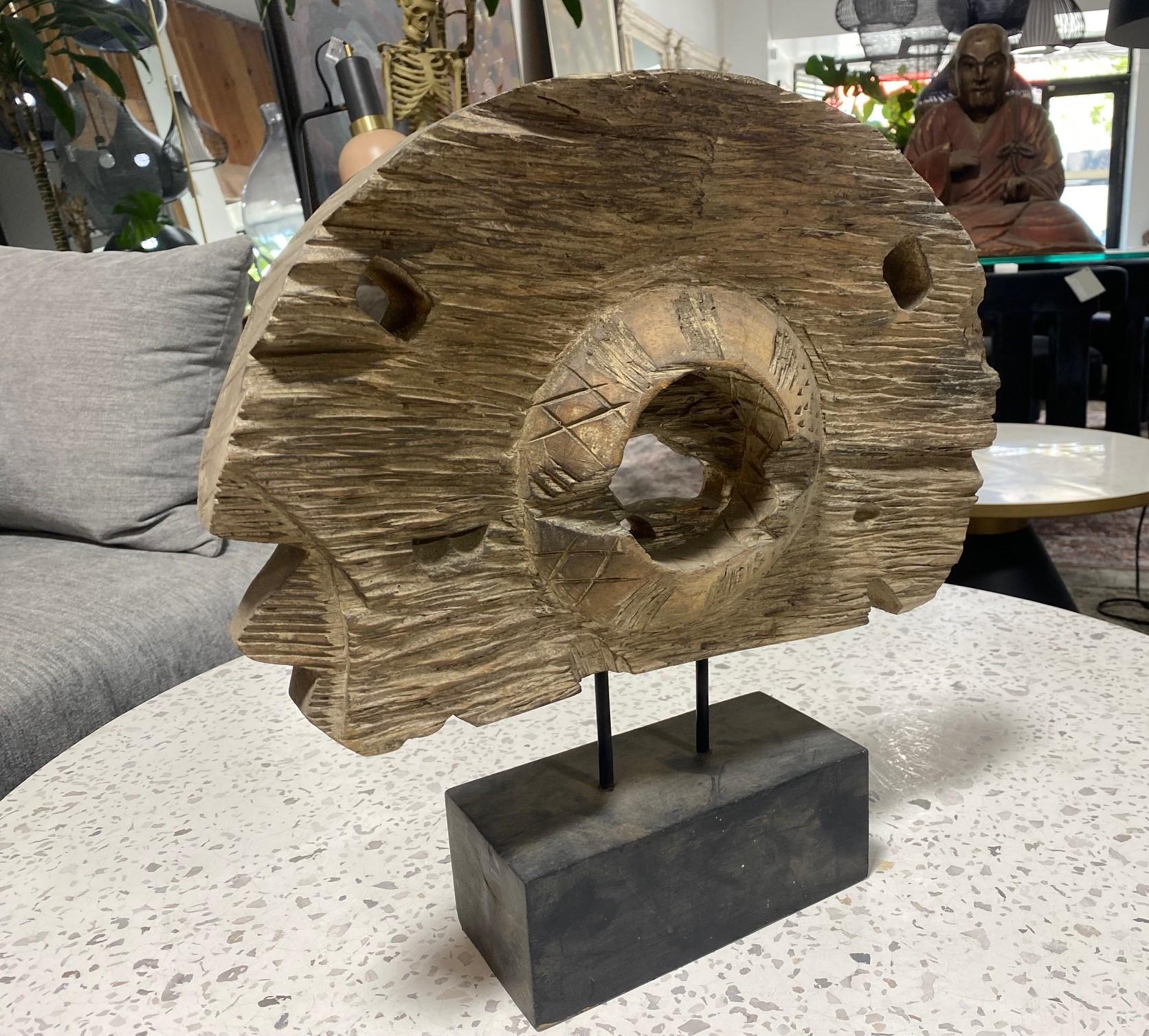 Organic Modern Natural Hand Carved Wood Folk Art Abstract Sculpture on Stand For Sale 2