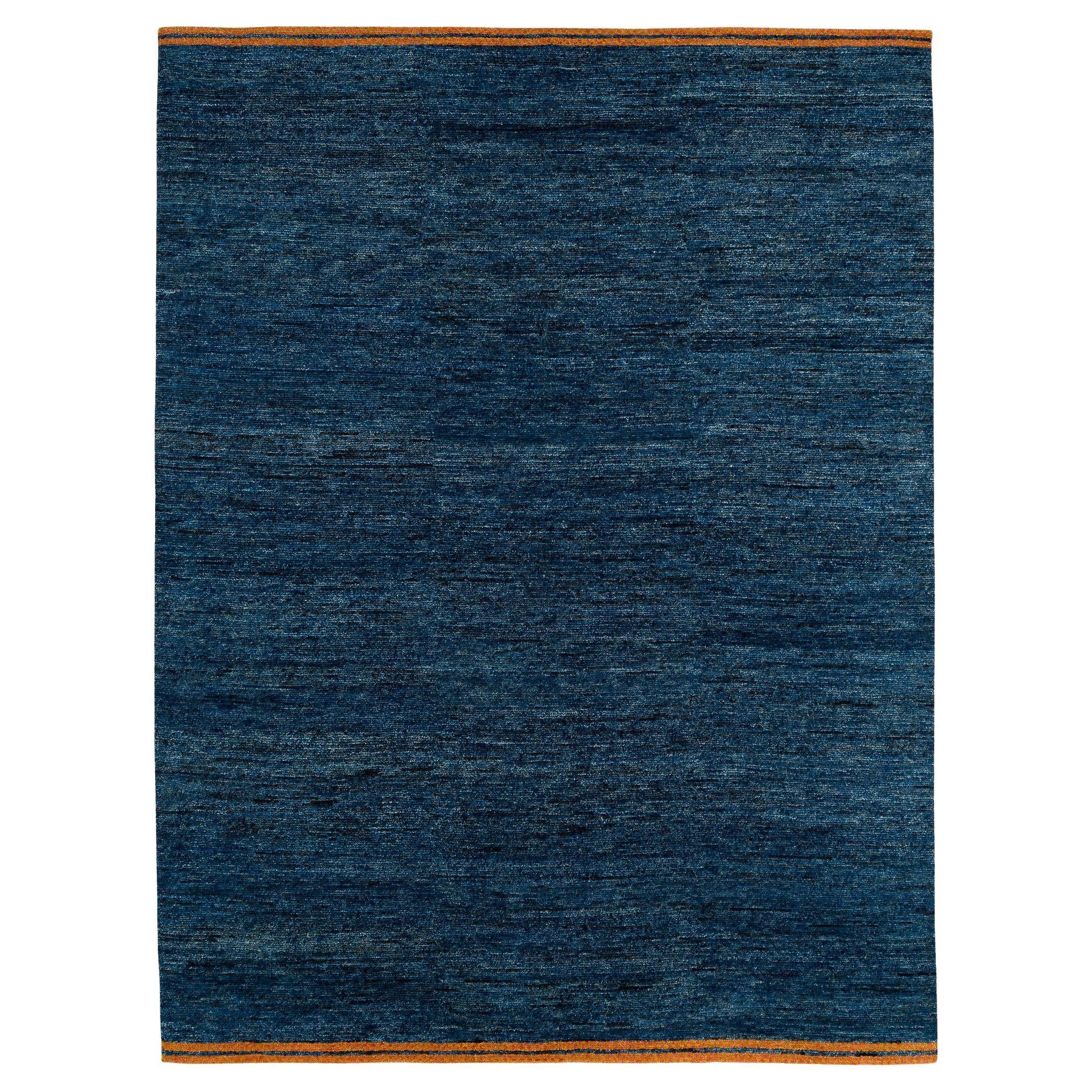Organic Modern Natural Indigo Wool Area Rug with Checkerboard by Joseph Carini