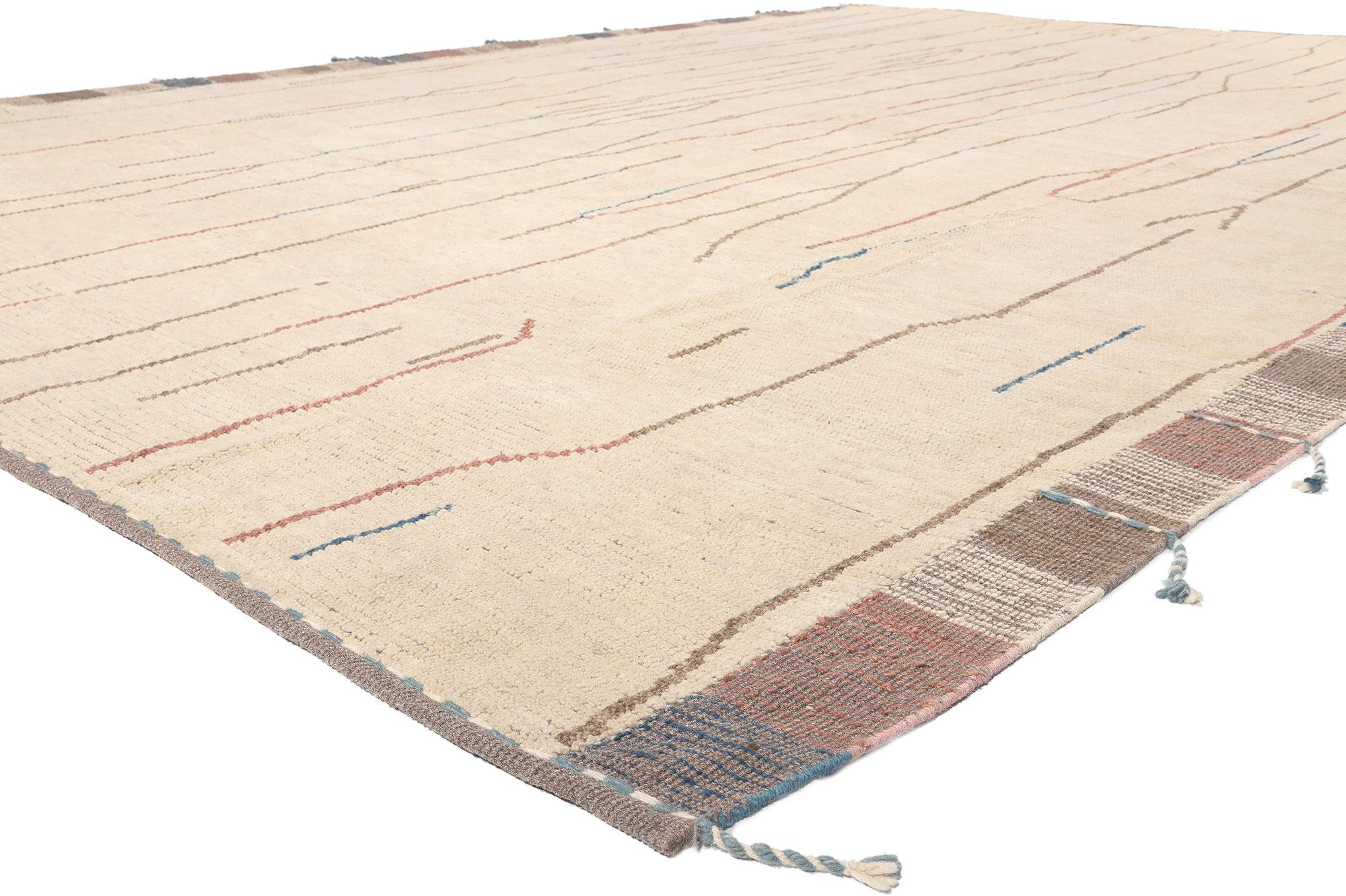 81019 Organic Modern Moroccan Rug, 11'02 x 15'10.
Wabi-Sabi meets sustainable elegance in this hand knotted wool organic modern Moroccan area rug. The intrinsic linear tribal design and neutral earthy hues woven into this piece lends a laid-back,