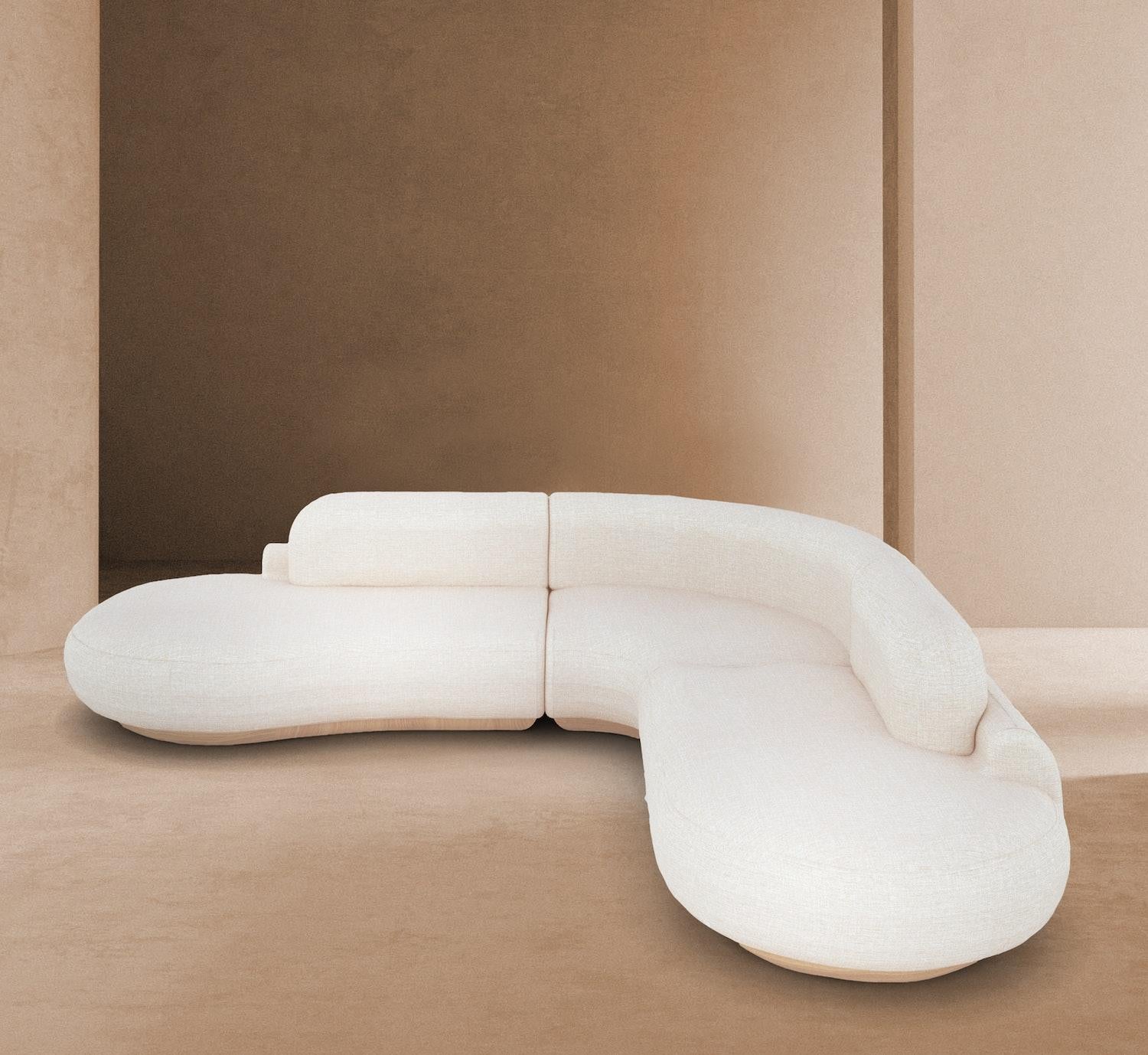 Organic Modern Off-White Boucle Polsterung Wood Base Naked Modular Sofa Combo 1  (Portugiesisch) im Angebot