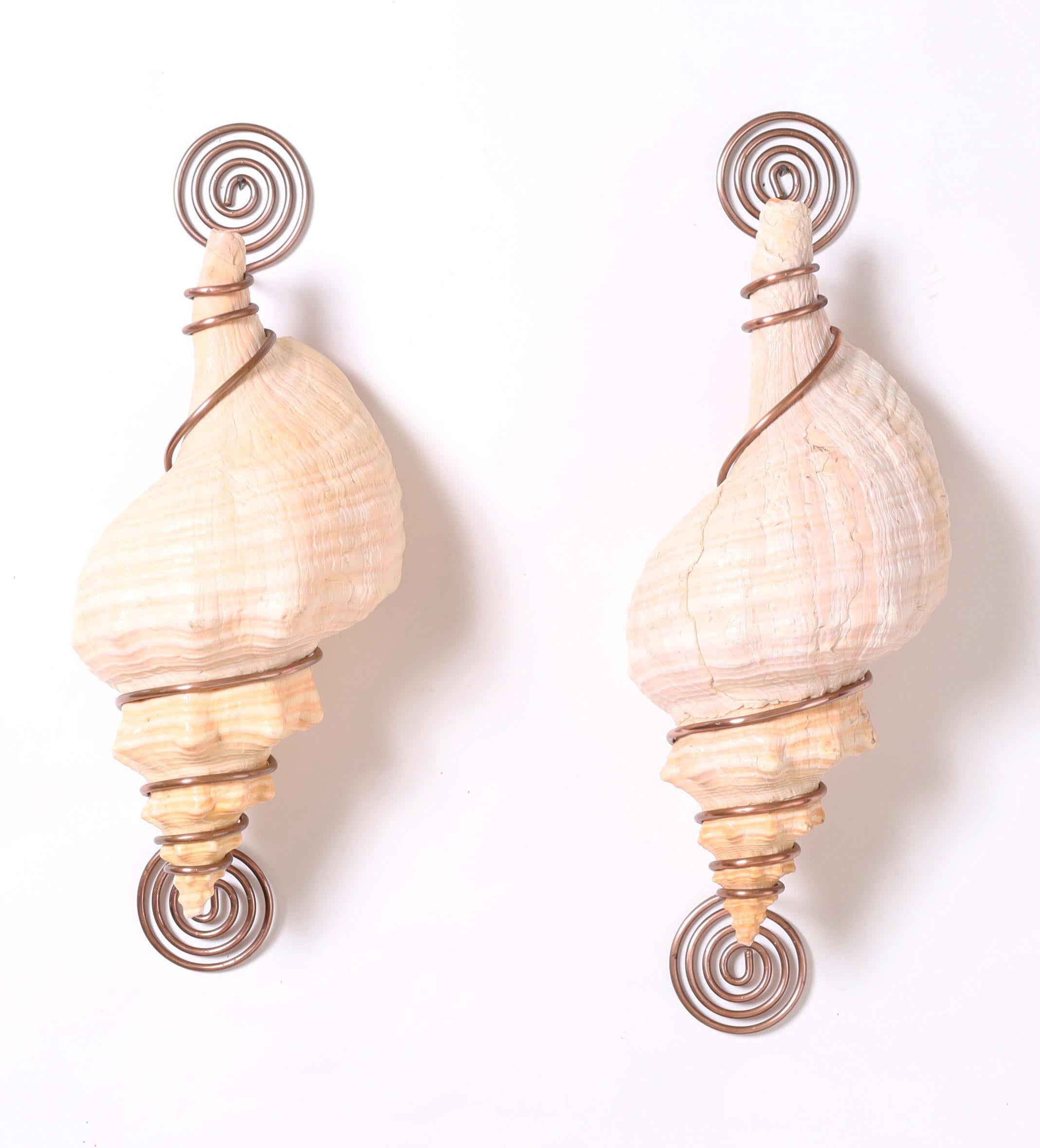 Here we have a collaboration between an artist and mother nature, a pair of conch shells wrapped in copper wire and presented on a wall in a refreshing composition enhancing both elements.