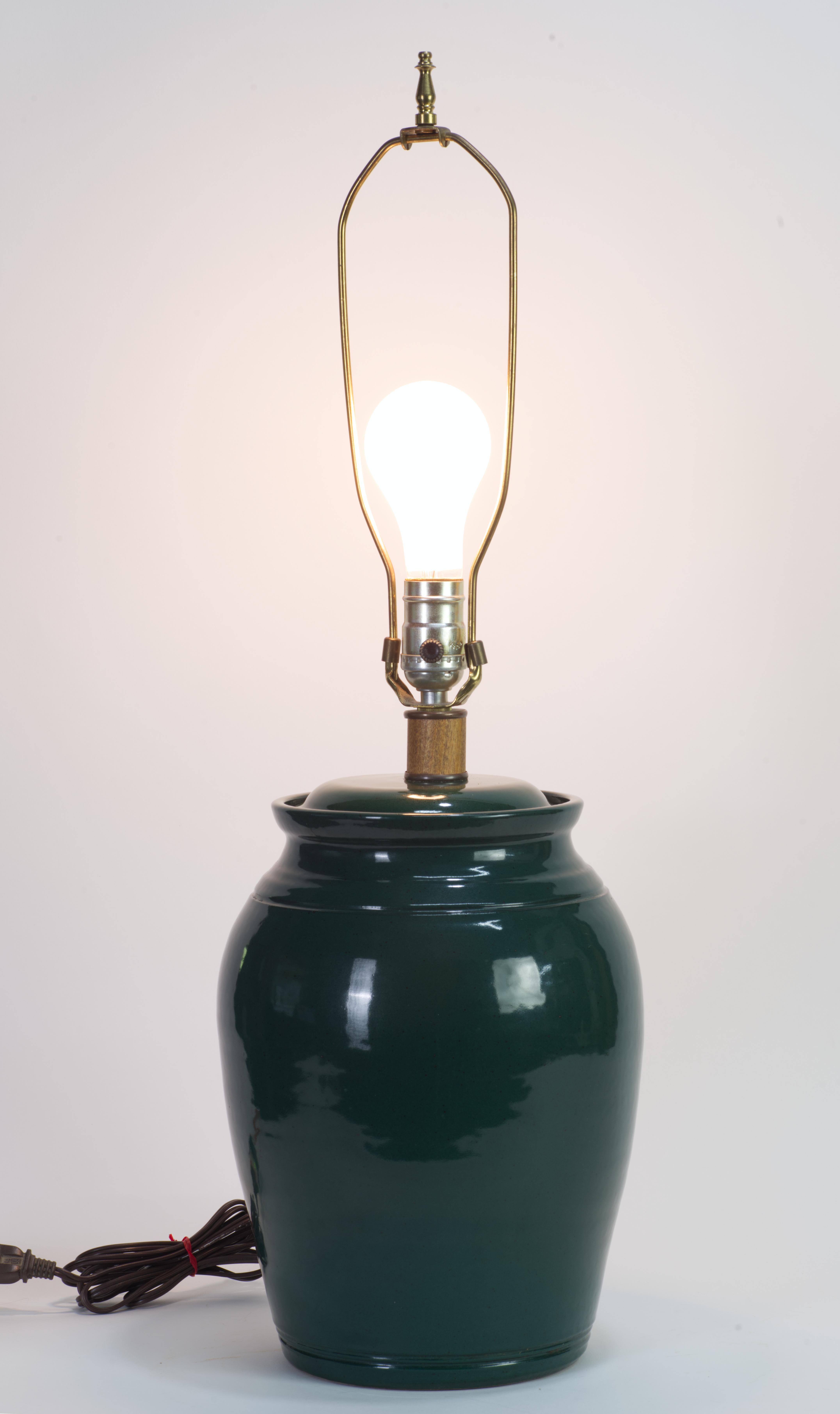 Organic Modern Pair of Hand Thrown Green Drum Table Lamps, Studio Pottery 3