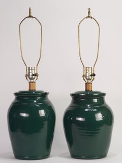 Organic Modern Pair of Hand Thrown Green Drum Table Lamps, Studio Pottery
