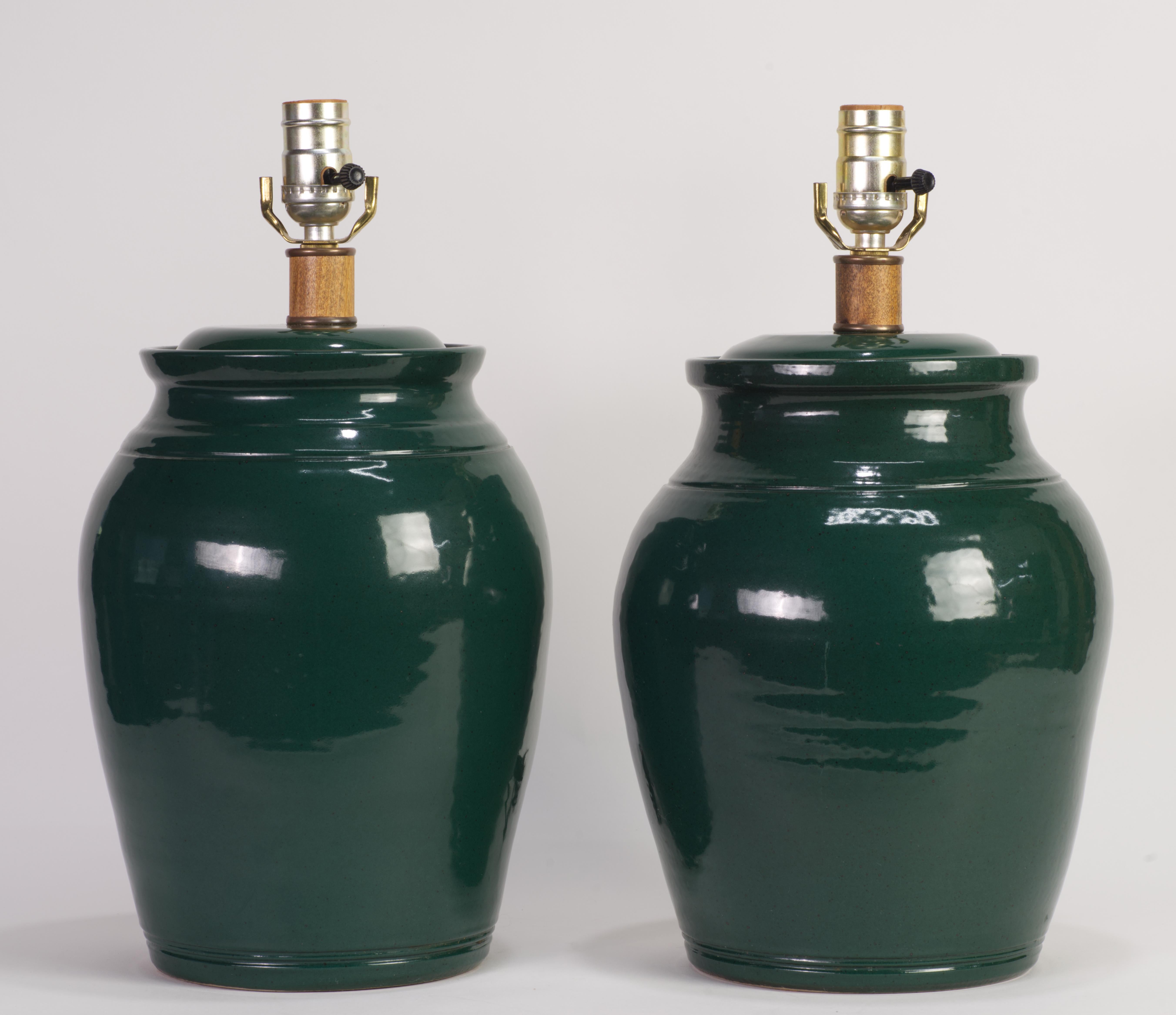 American Organic Modern Pair of Hand Thrown Green Drum Table Lamps, Studio Pottery