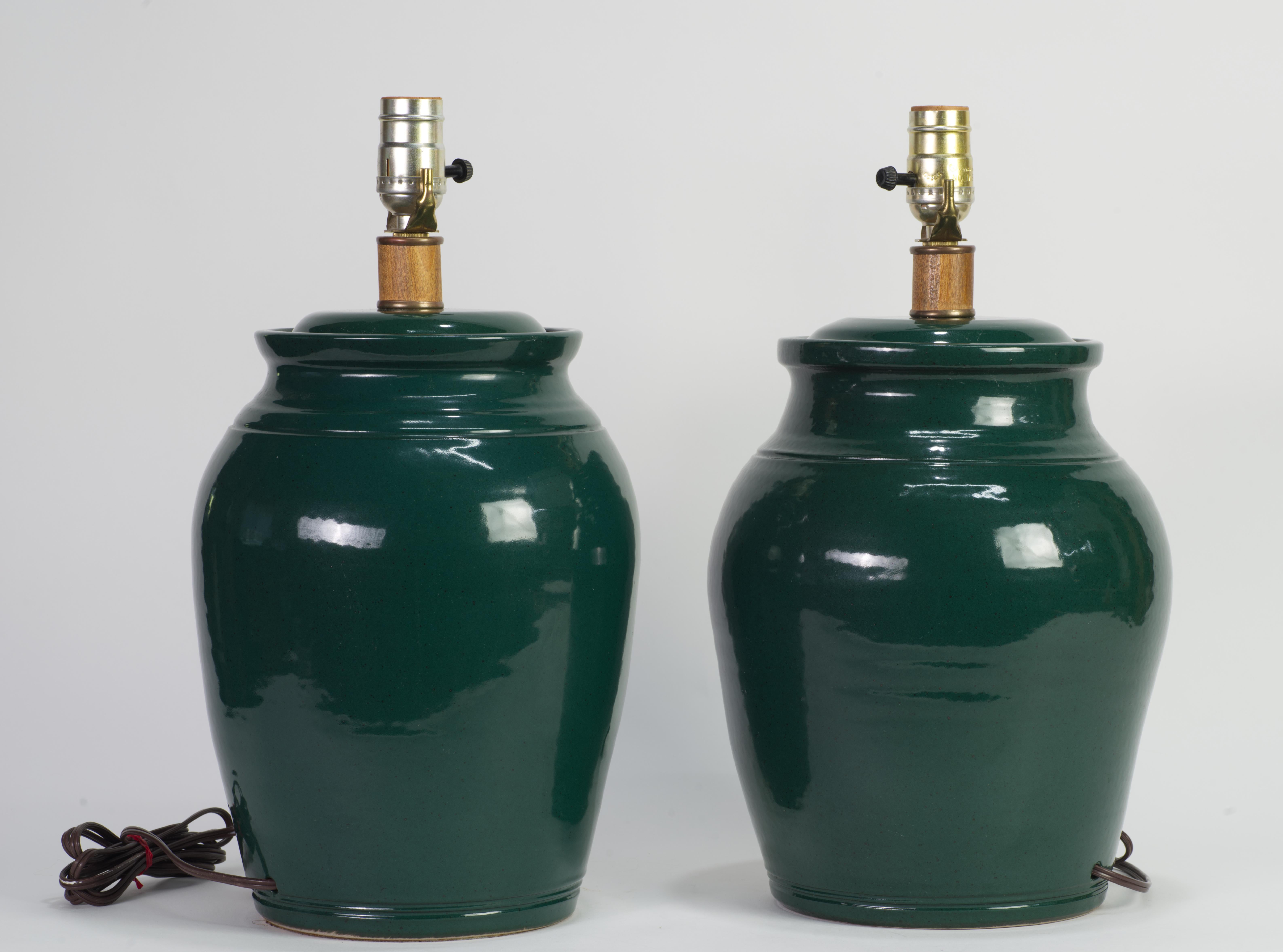 Hand-Crafted Organic Modern Pair of Hand Thrown Green Drum Table Lamps, Studio Pottery