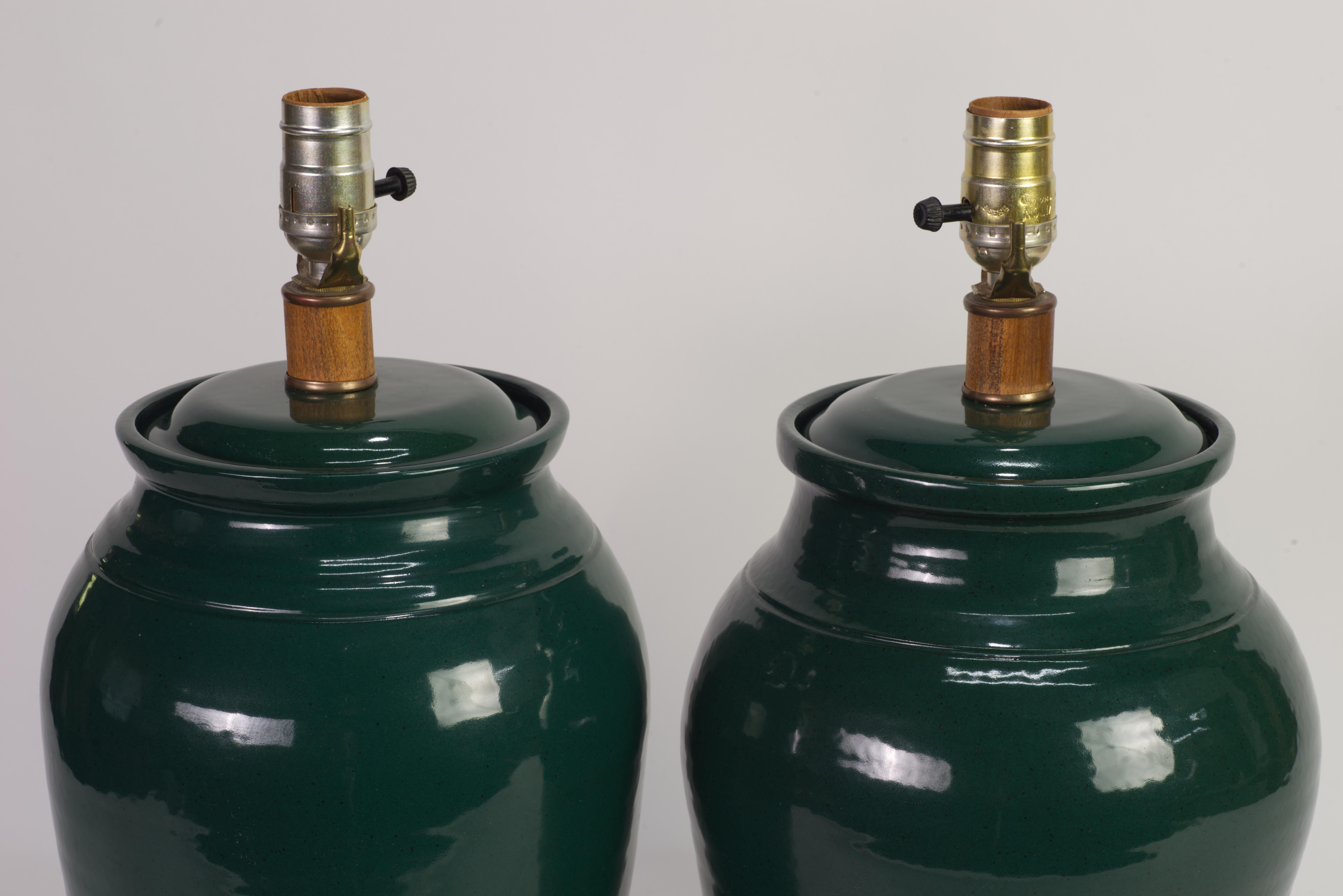 20th Century Organic Modern Pair of Hand Thrown Green Drum Table Lamps, Studio Pottery