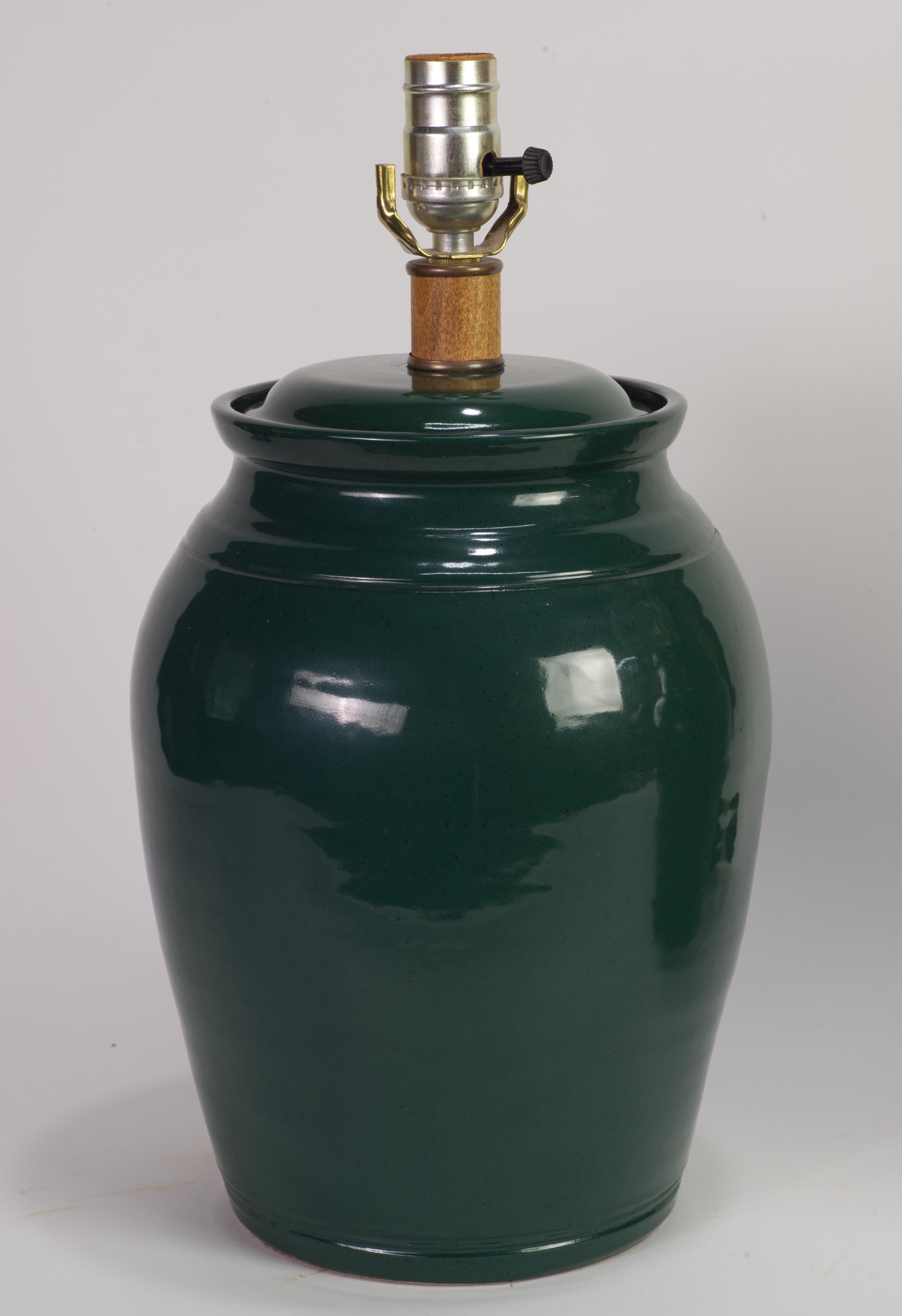 Ceramic Organic Modern Pair of Hand Thrown Green Drum Table Lamps, Studio Pottery