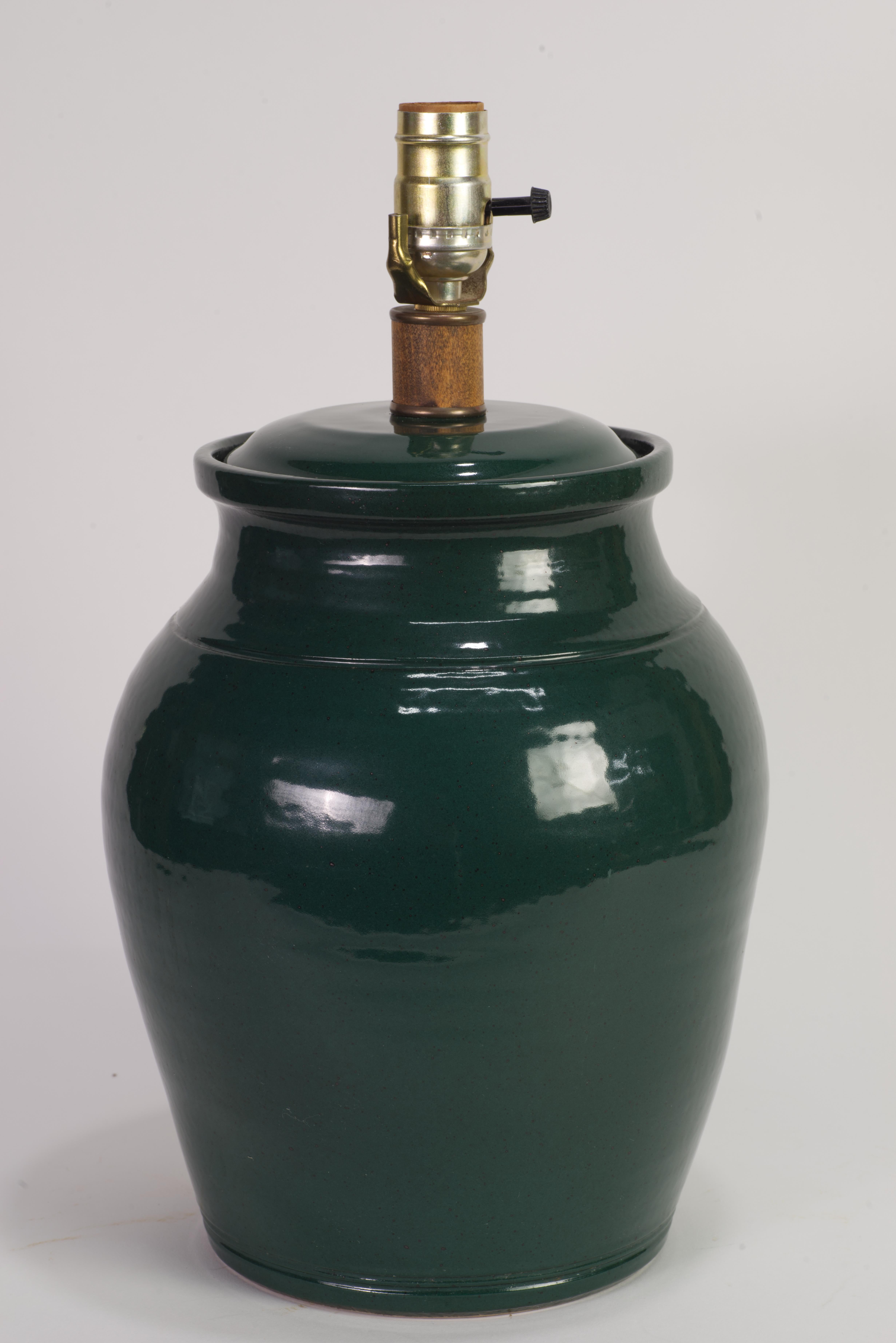Organic Modern Pair of Hand Thrown Green Drum Table Lamps, Studio Pottery 1