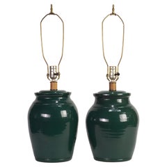 Organic Modern Pair of Hand Thrown Green Drum Table Lamps, Studio Pottery