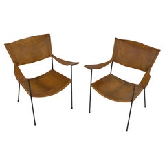 Organic Modern Pair of Handmade Iron & Leather Armchairs Circa 1950s 