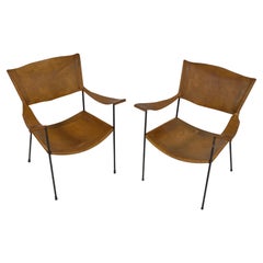 Organic Modern Pair of Handmade Iron & Leather Armchairs Circa 1950s
