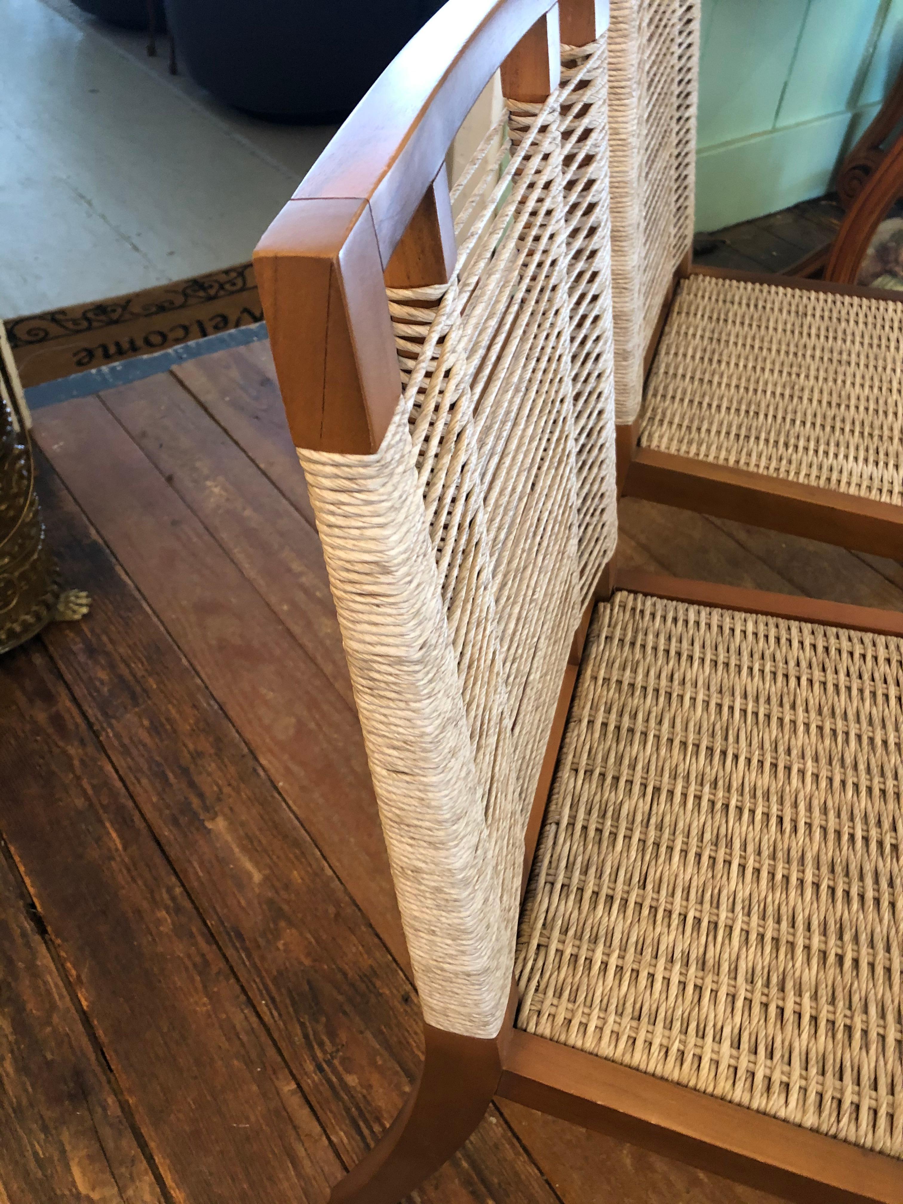 Organic Modern Pair of Raffia Rope & Teak Side Chairs 6