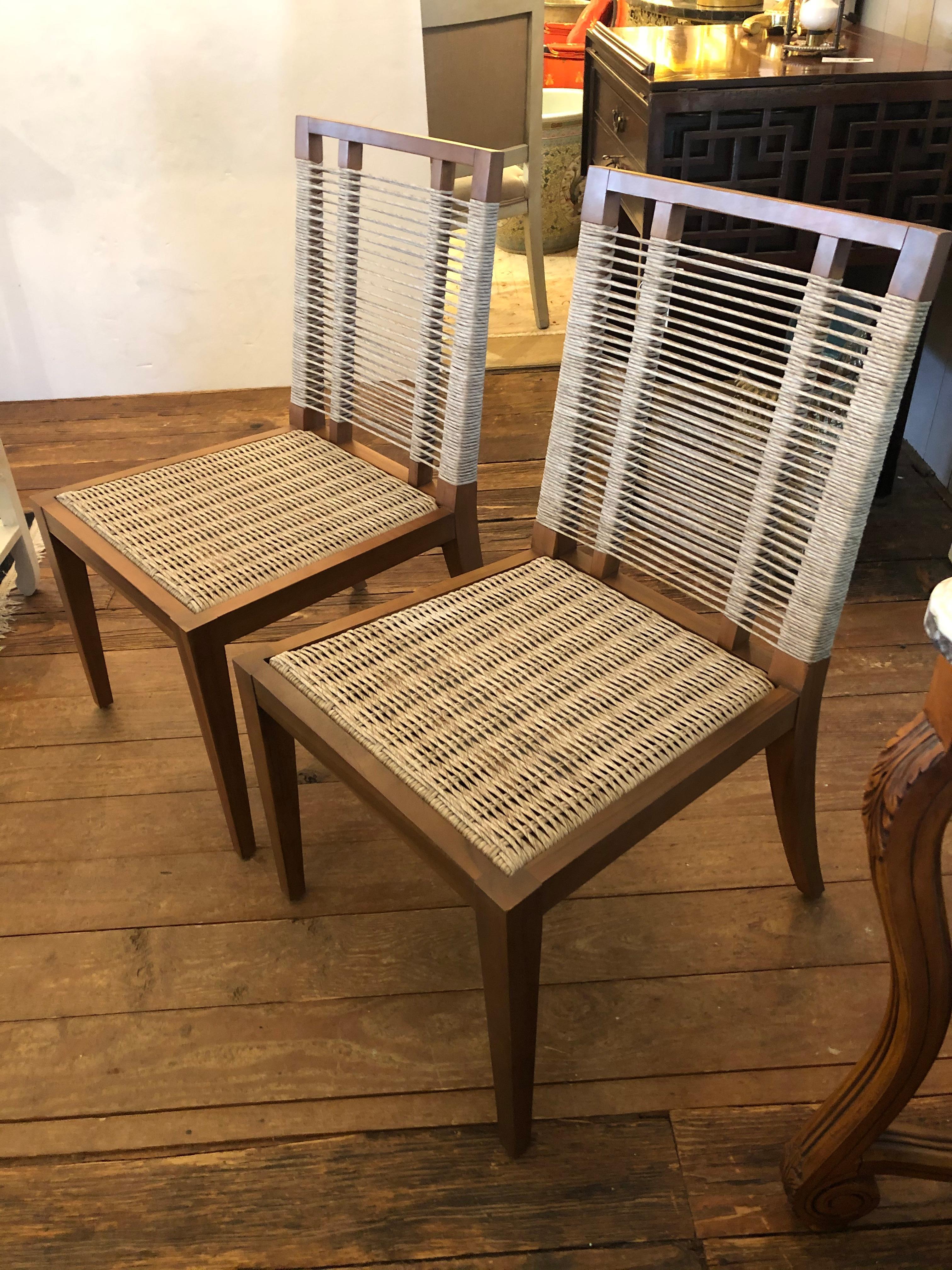 Organic Modern Pair of Raffia Rope & Teak Side Chairs In Excellent Condition In Hopewell, NJ