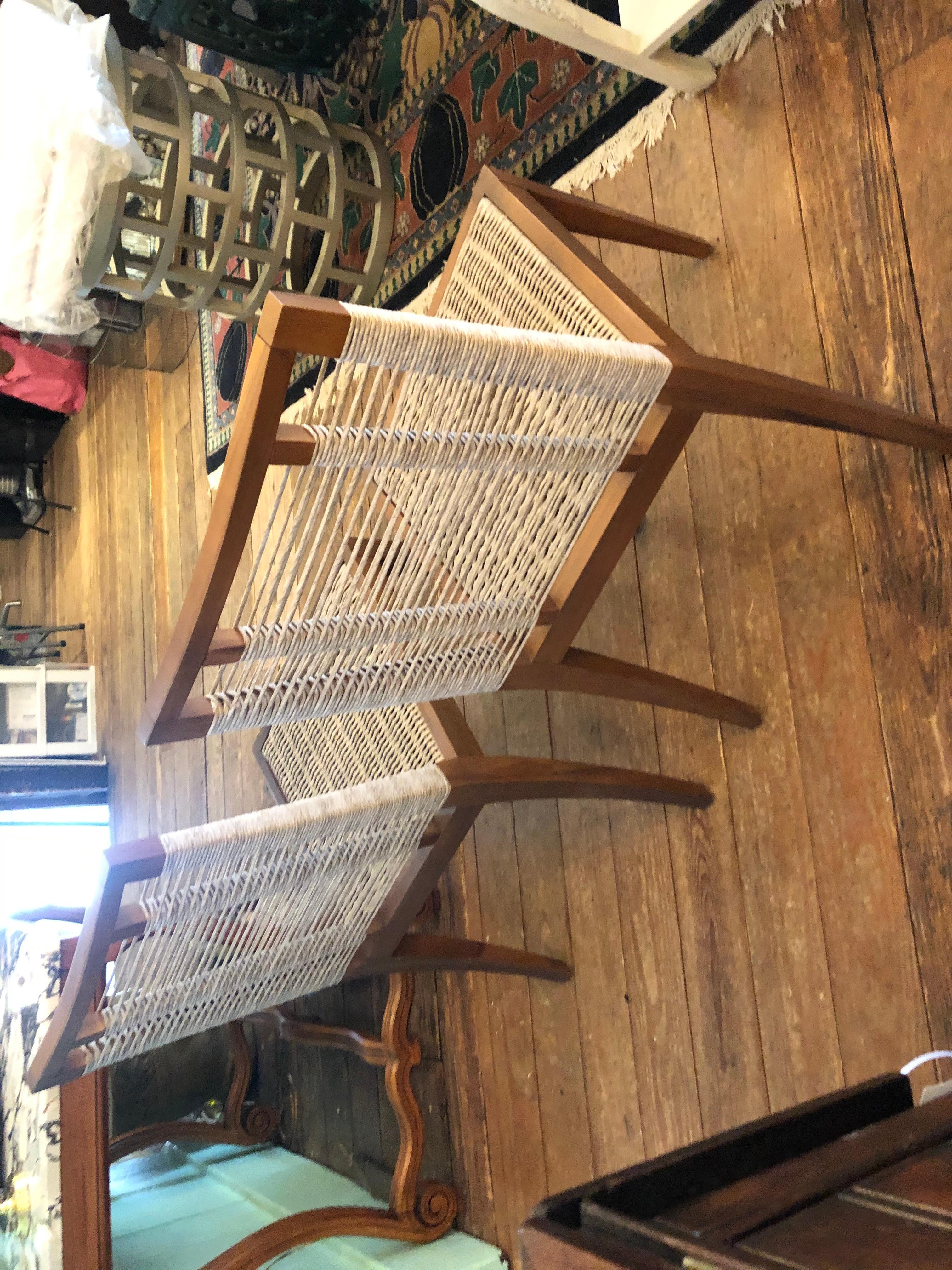 Organic Modern Pair of Raffia Rope & Teak Side Chairs 2