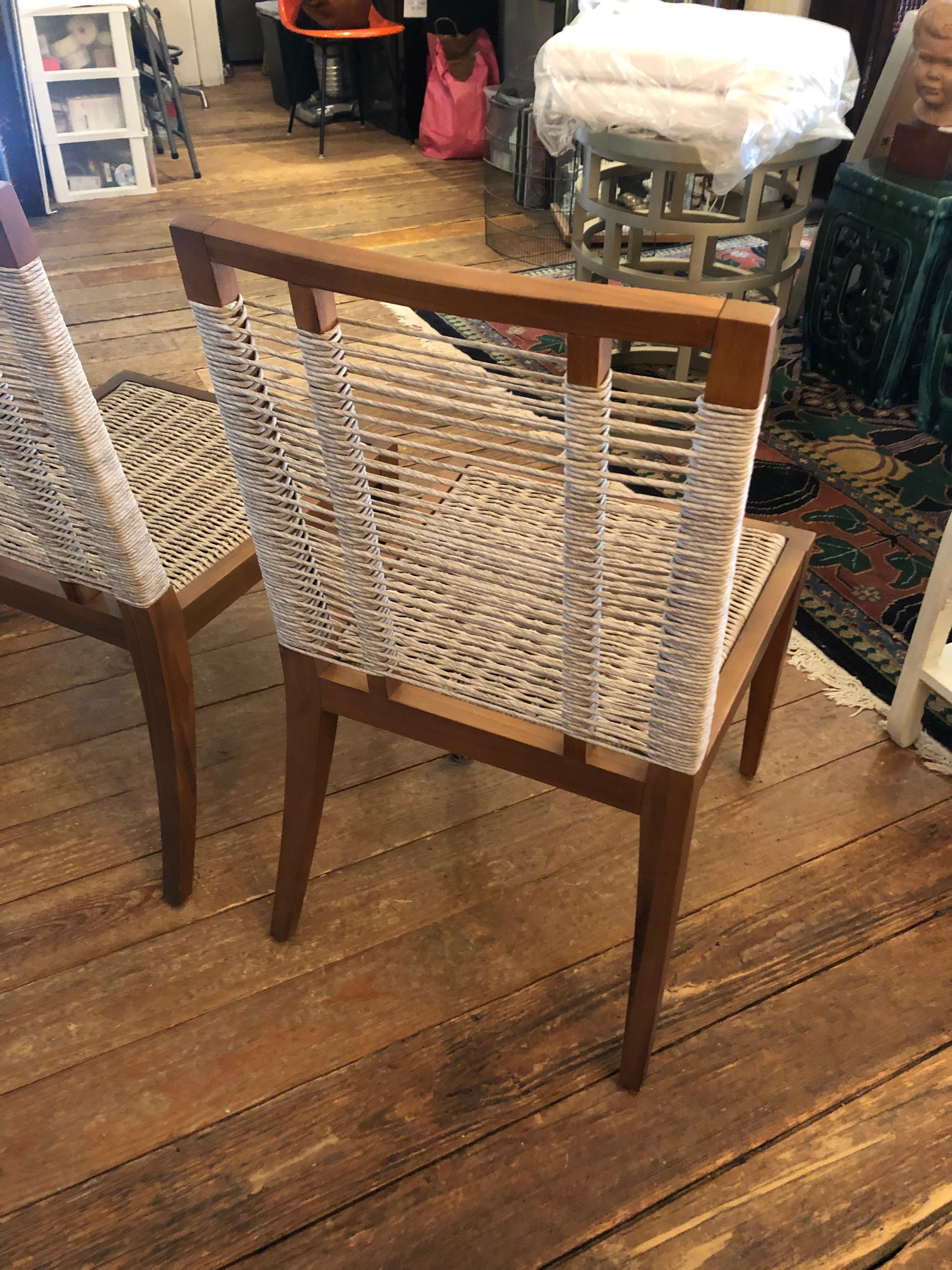 Organic Modern Pair of Raffia Rope & Teak Side Chairs 3