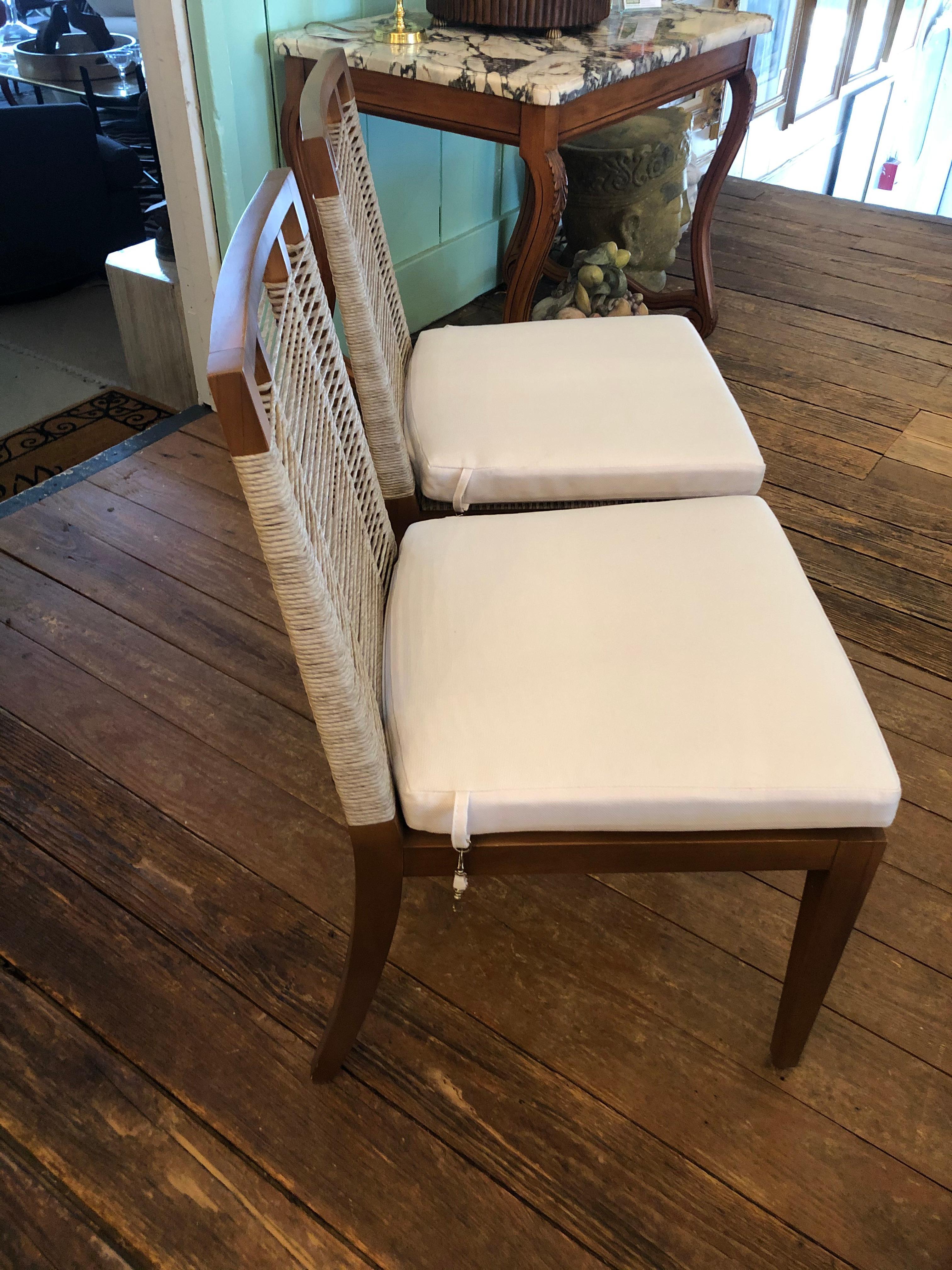 Organic Modern Pair of Raffia Rope & Teak Side Chairs 4