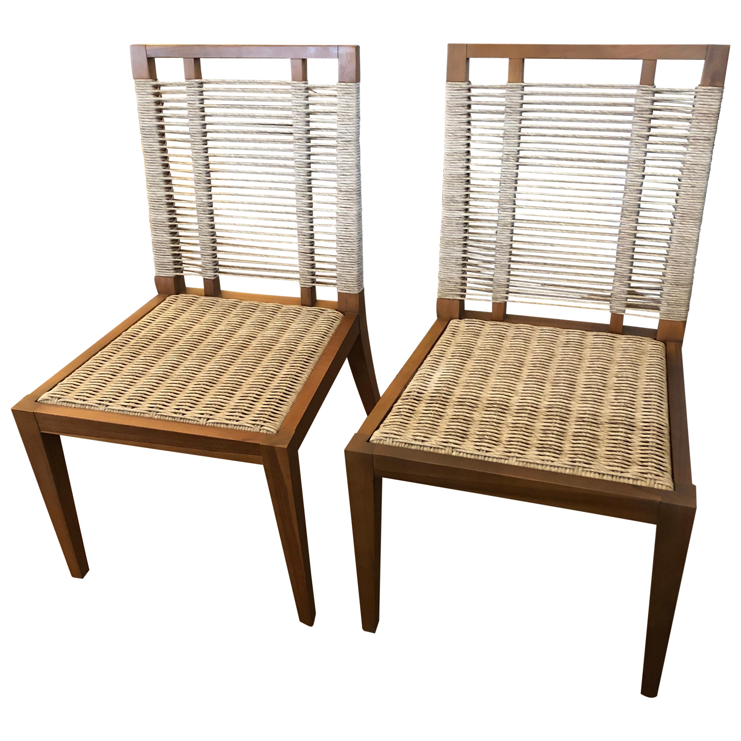 Organic Modern Pair of Raffia Rope & Teak Side Chairs