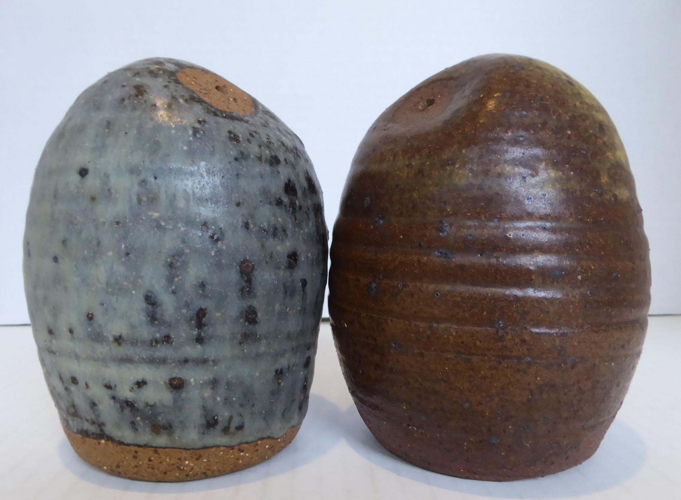 Mid-Century Modern Organic Modern Pair Stylized Studio Stoneware Pottery Owls 1950 Barbara Garrett  For Sale
