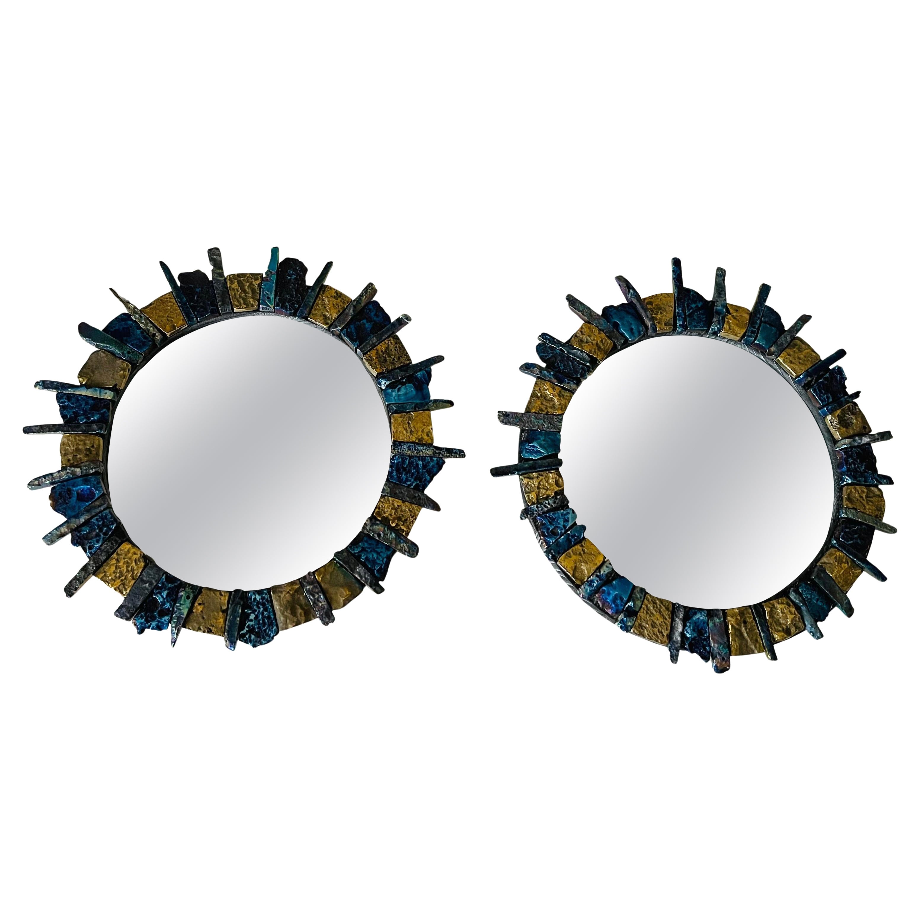 Organic Modern Pair Sunburst Mirrors Agate Stone Gold Lalane Style For Sale