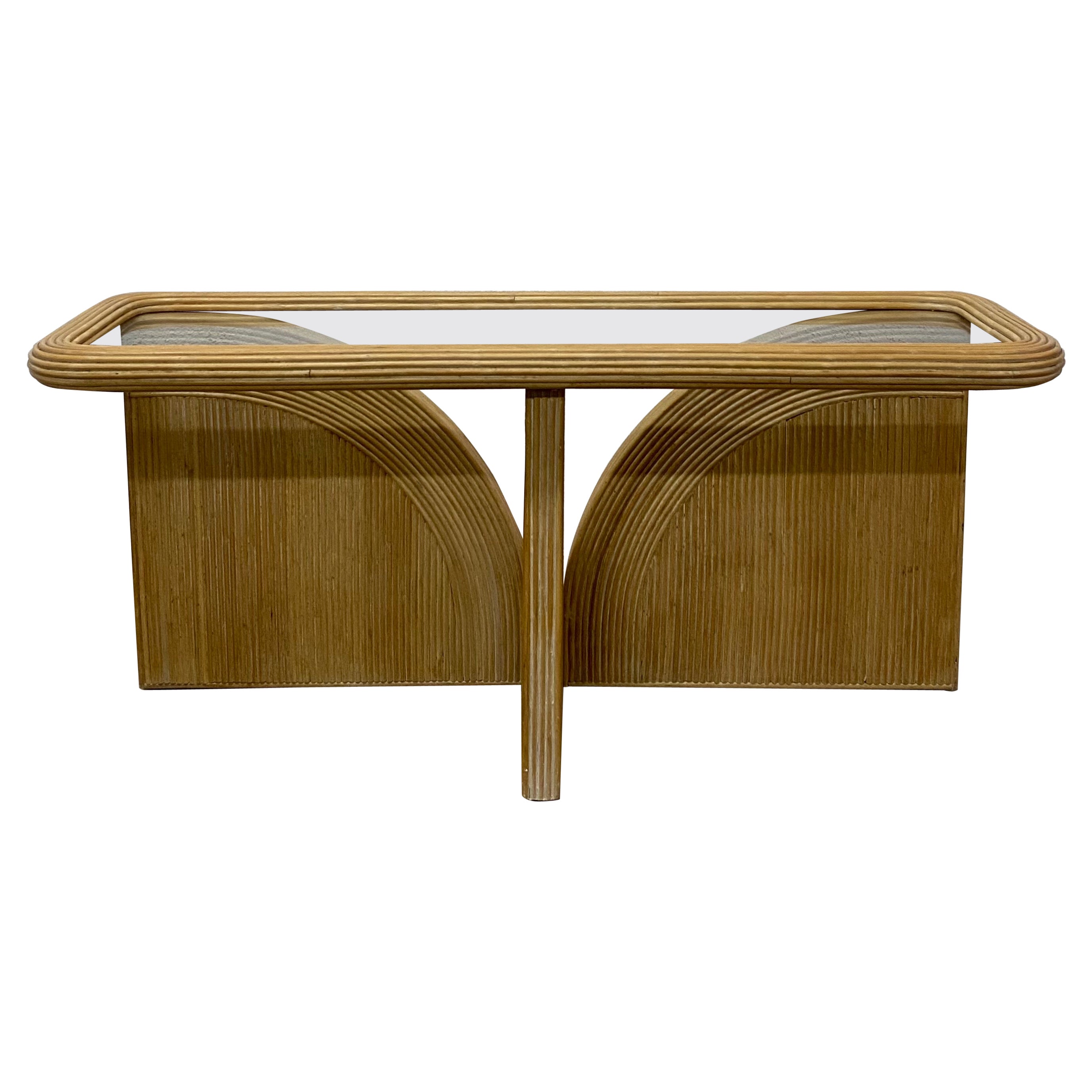 Mesa consola orgánica moderna de junco y cristal, años 80