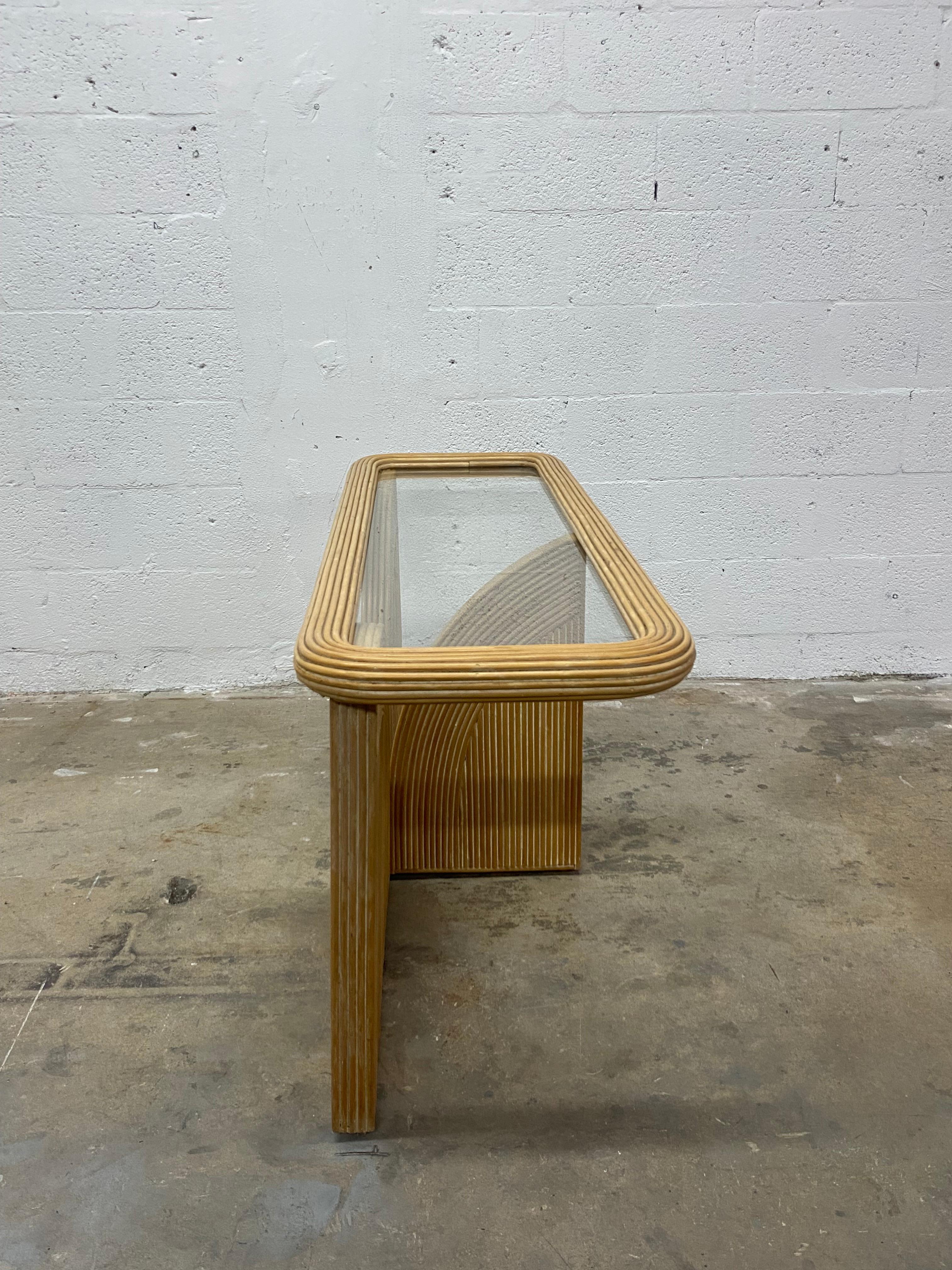 Rattan Organic Modern Pencil Reed and Glass Console Table, 1980s For Sale