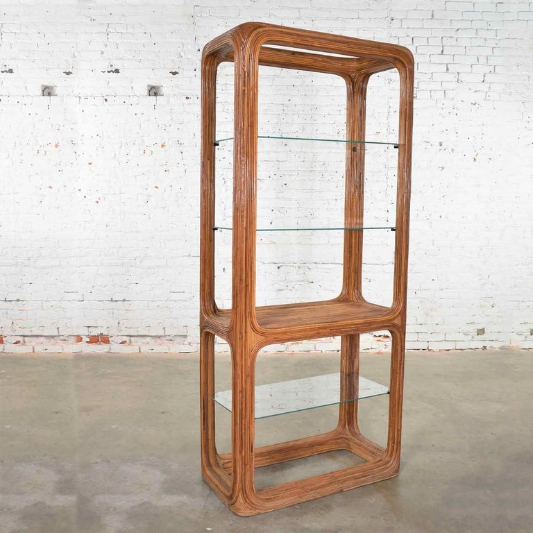 Organic Modern Pencil Reed Rattan Étagère with Glass Shelves at 1stDibs