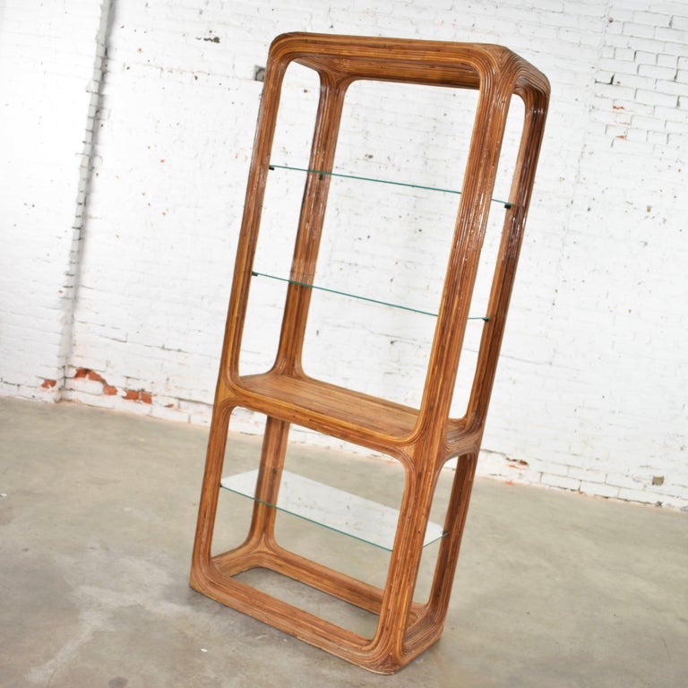 Organic Modern Pencil Reed Rattan Étagère with Glass Shelves at 1stDibs