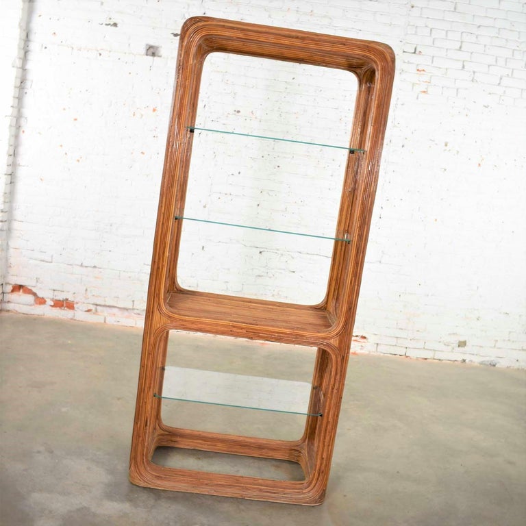 Organic Modern Pencil Reed Rattan Étagère with Glass Shelves at 1stDibs