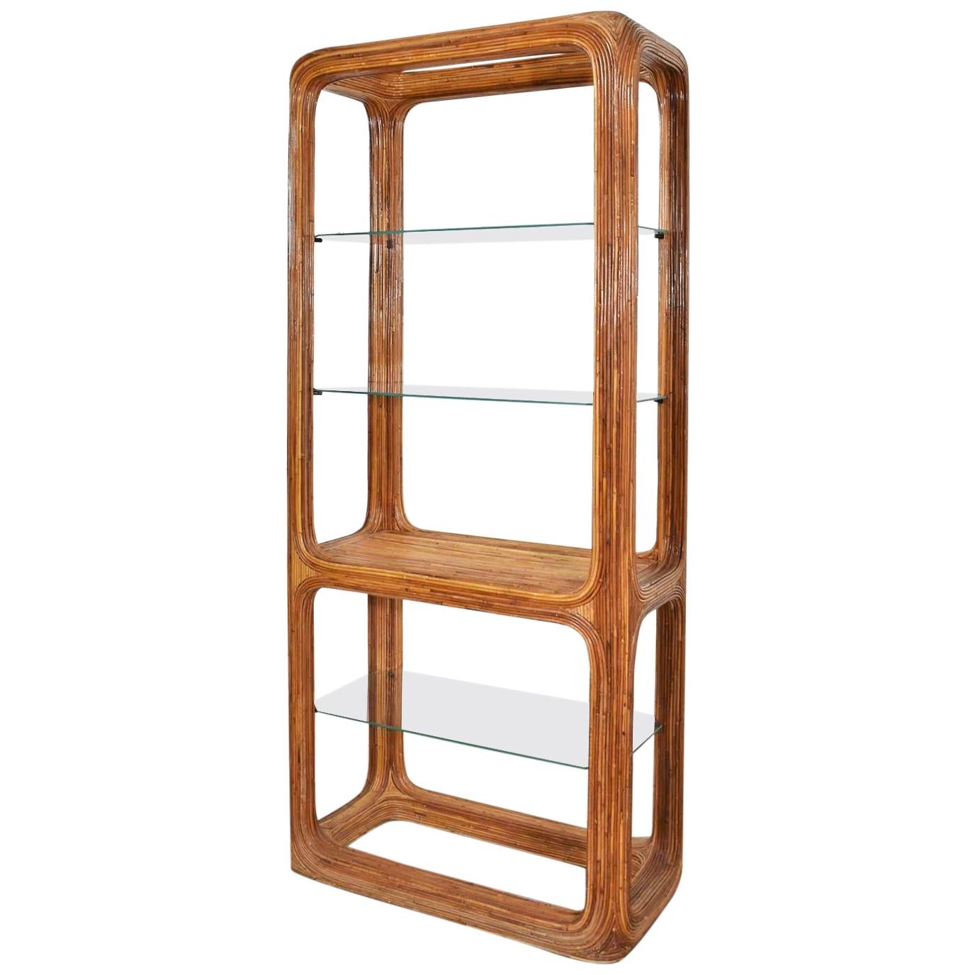 Organic Modern Pencil Reed Rattan Étagère with Glass Shelves