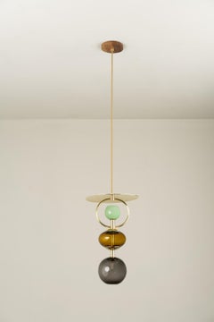 Organic Modern Pendant Light Brushed Brass Blown Glass Globes Amber