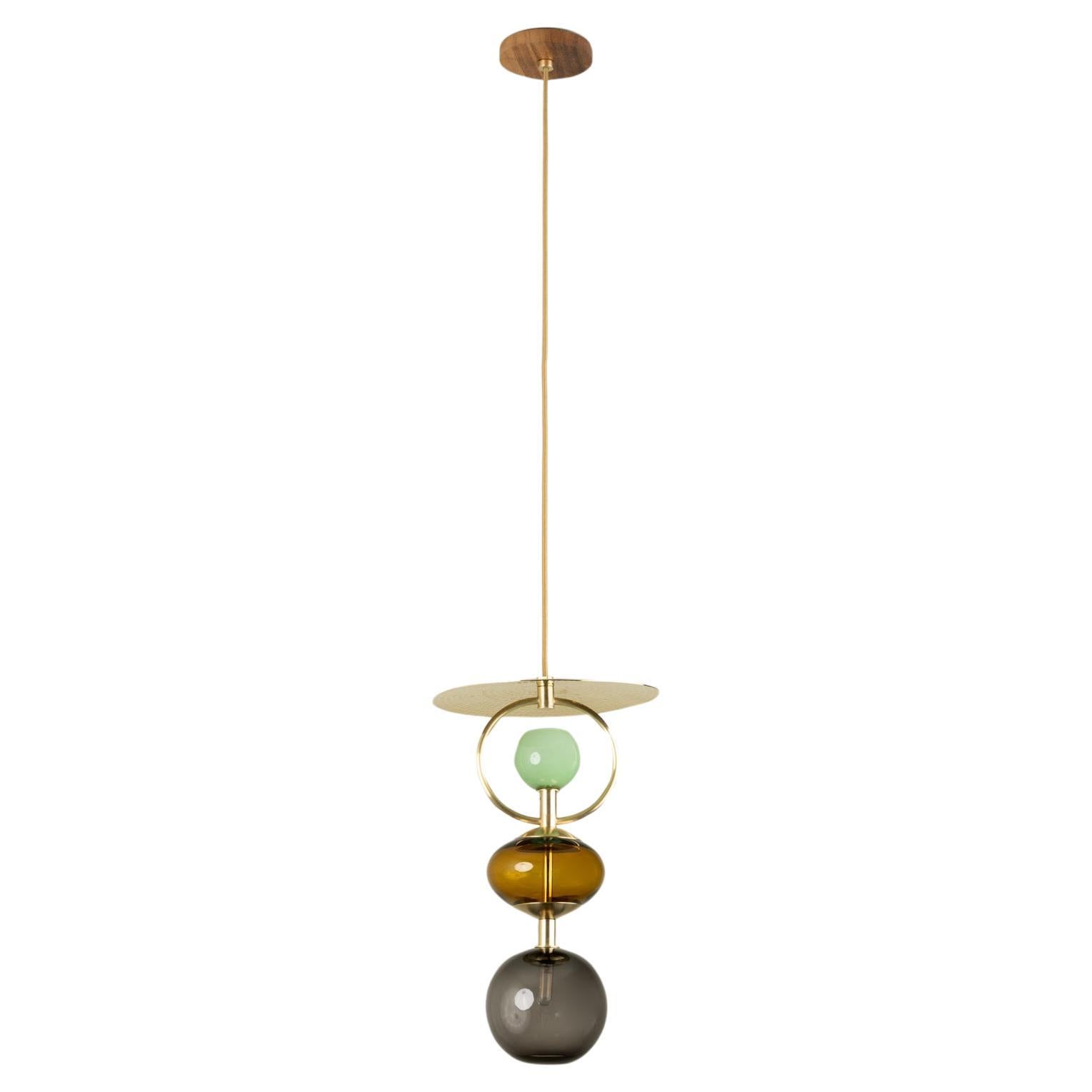 Organic Modern Pendant Light Brushed Brass Blown Glass Globes Amber For Sale