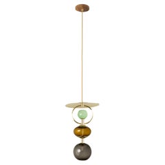 Retro Organic Modern Pendant Light Brushed Brass Blown Glass Globes Amber