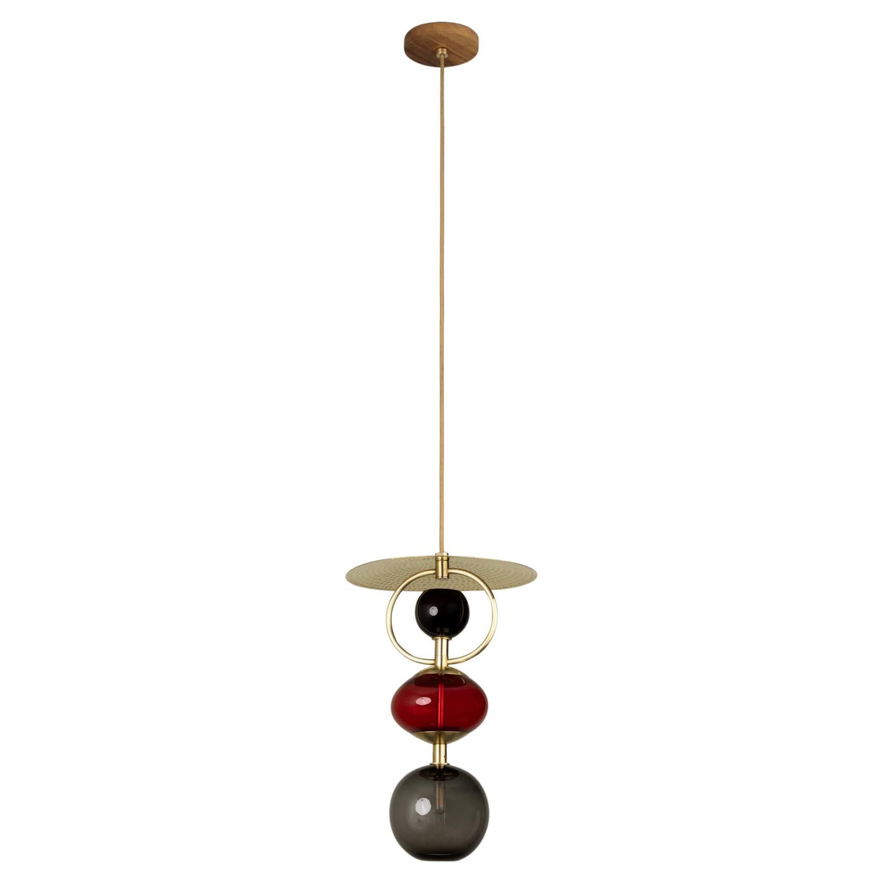 Organic Modern Pendant Light Brushed Brass Blown Glass Globes Red For Sale