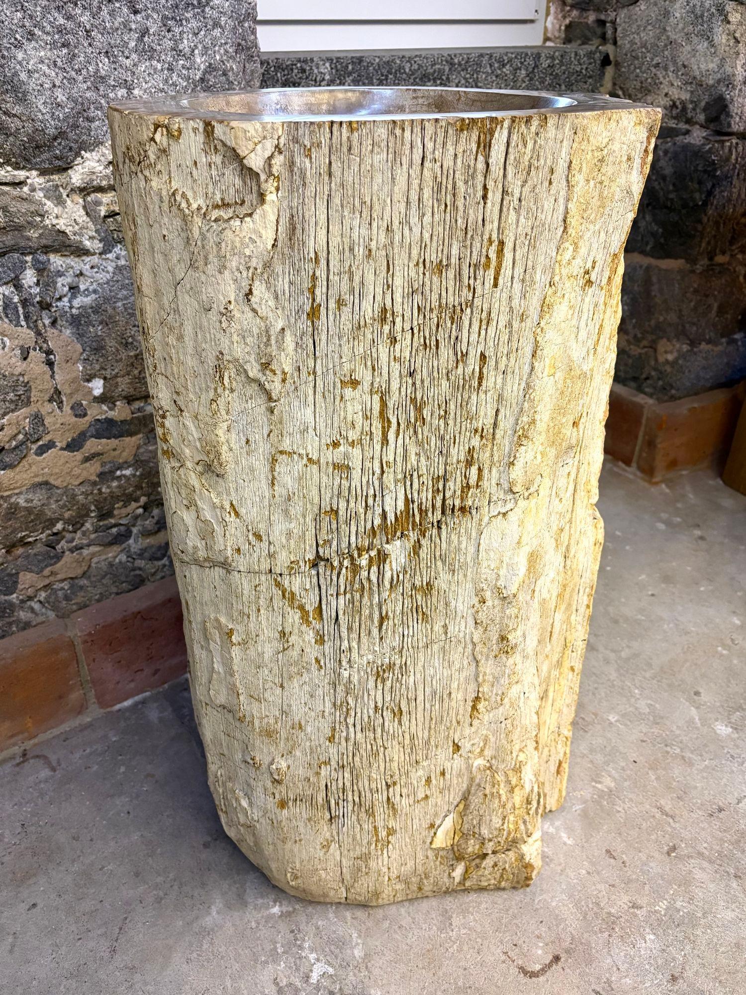 Fregadero moderno orgánico de pedestal de madera petrificada, IDN 2025 Hecho a mano en venta