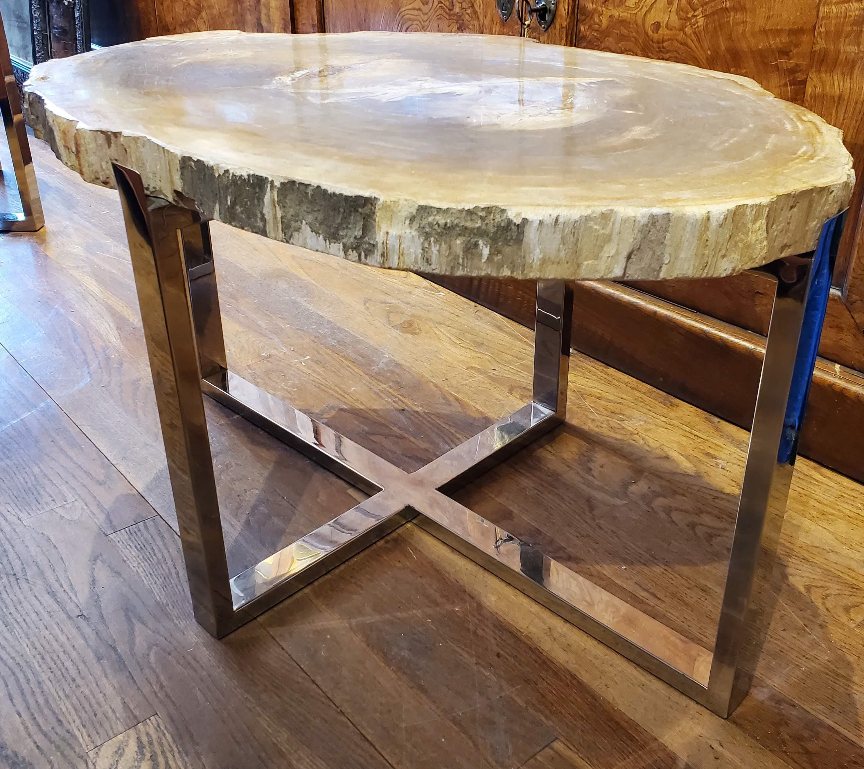 American Organic Modern Petrified Wood Side Table with Chrome Base