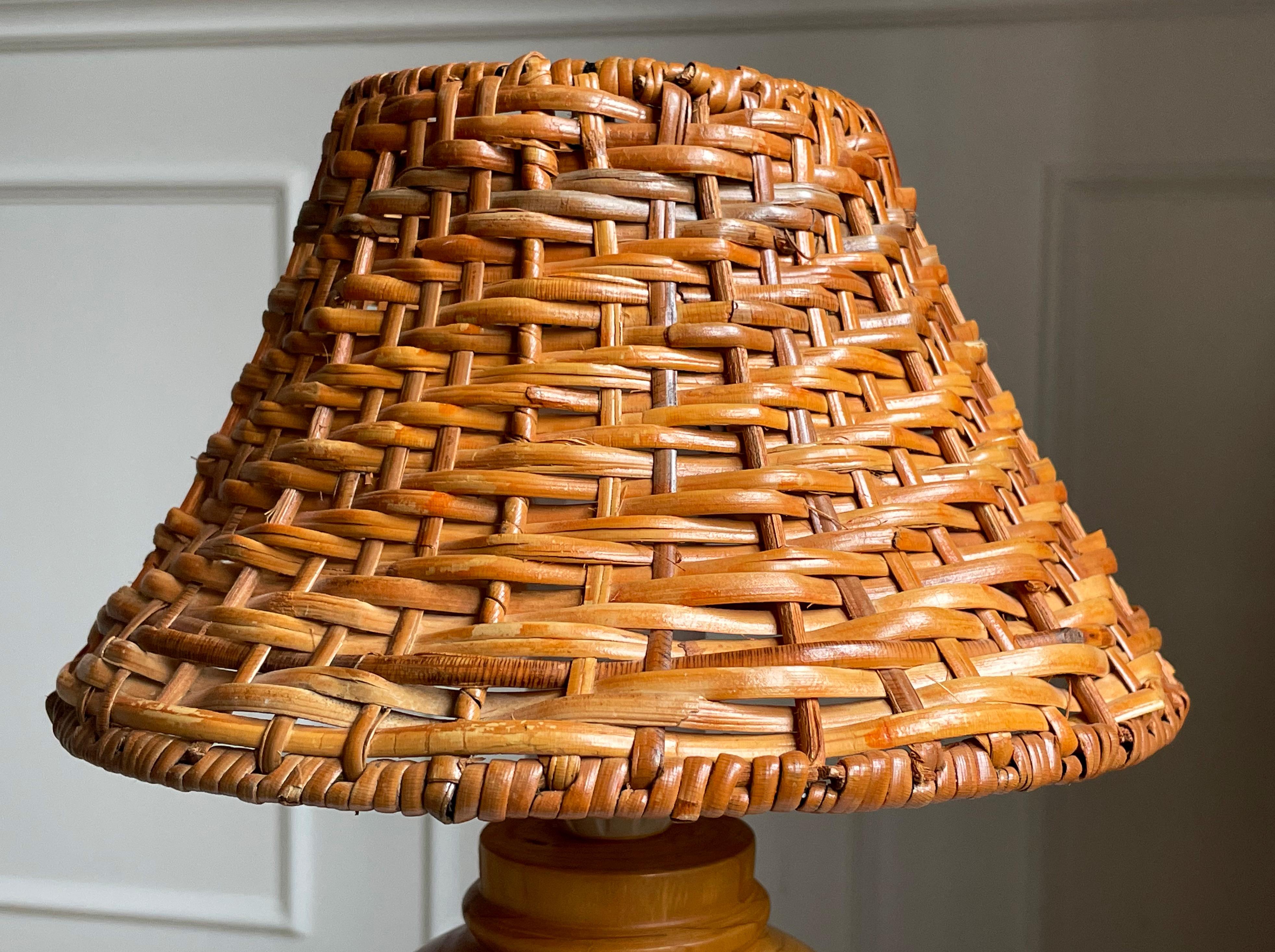 Hand-Crafted Organic Modern Pine Lamp Rattan Shade, Sweden, 1970s For Sale