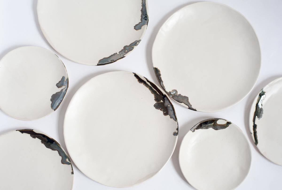 American Organic Modern Porcelain and Platinum Drip Porcelain Plates For Sale