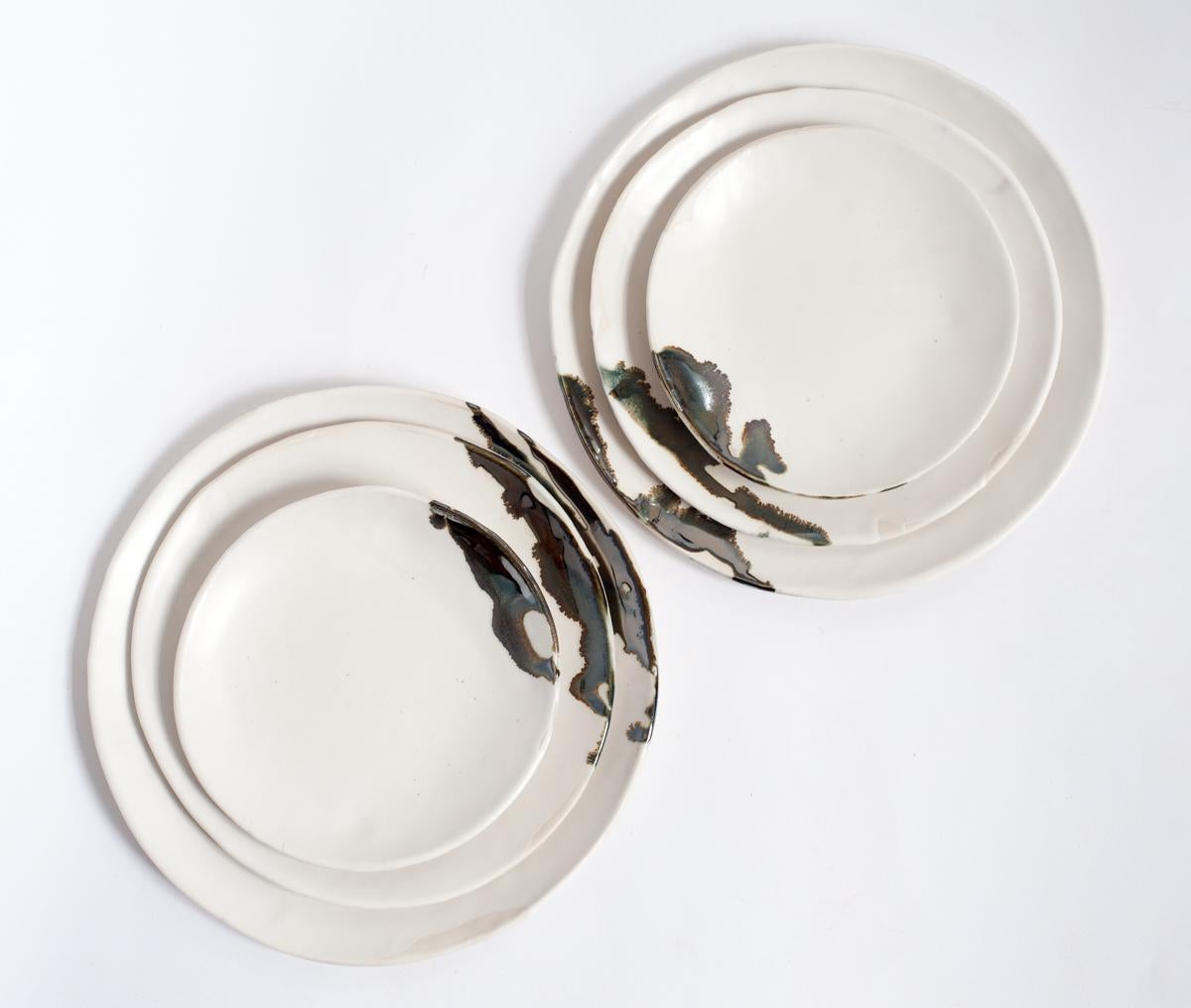 Hand-Crafted Organic Modern Porcelain and Platinum Drip Porcelain Plates For Sale