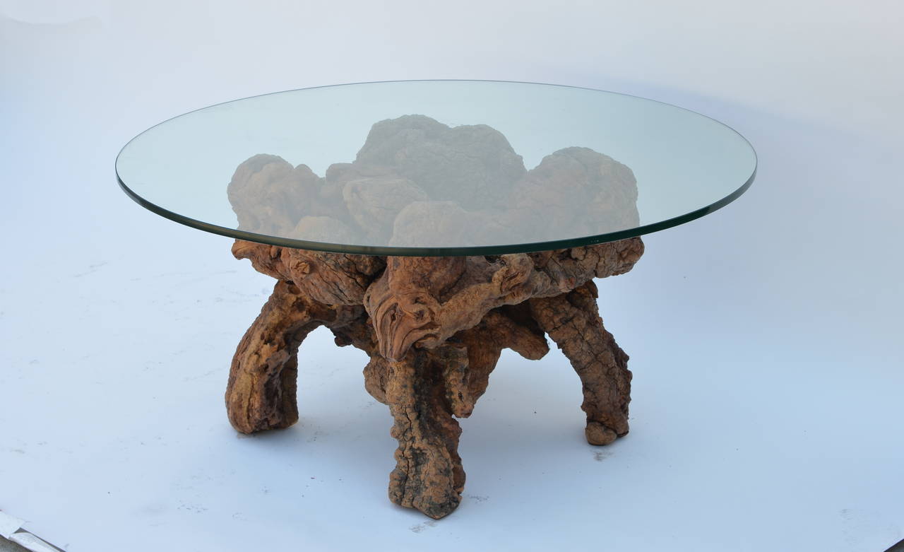 Table basse moderne organique Quadripode en bois et verre. Base sculpturale en bois de tourbe naturelle contrastant avec le simple plateau en verre (1/2 po d'épaisseur).