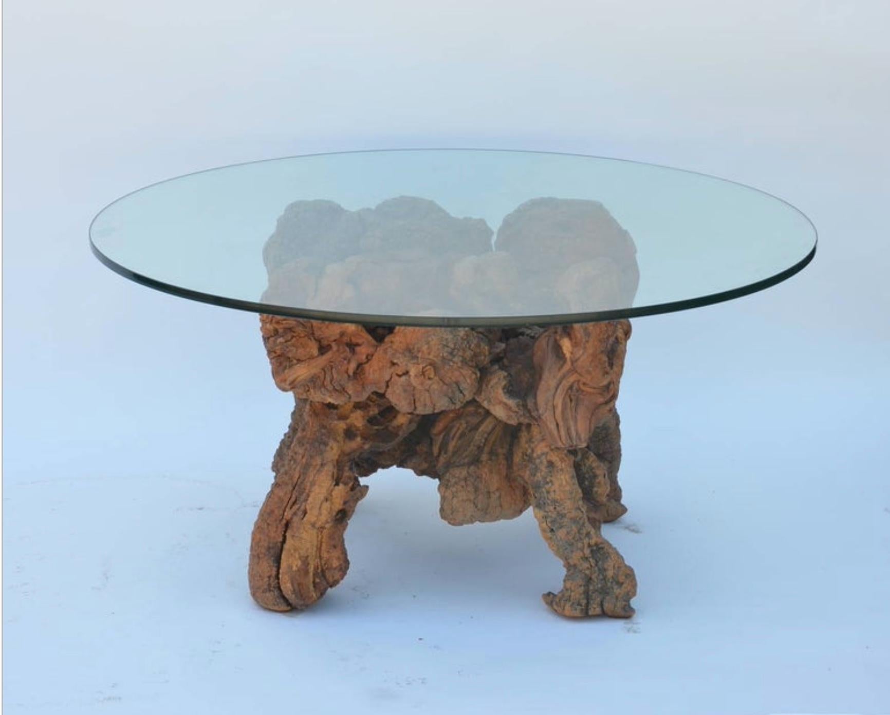 American Organic Modern Quadripod Bog Wood and Glass Coffee Table For Sale