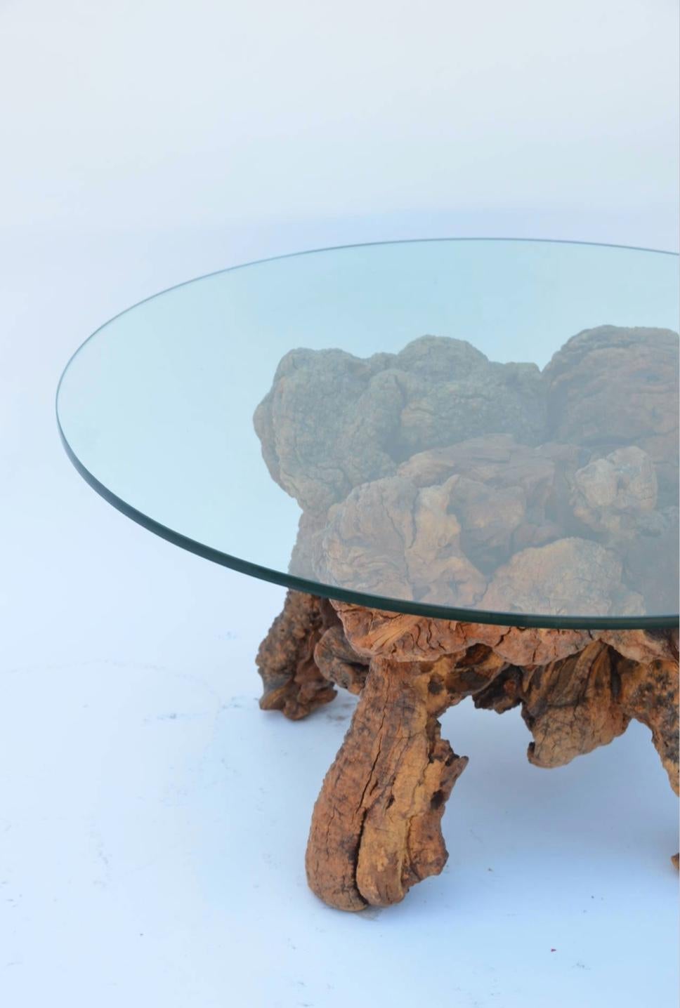 Organic Modern Quadripod Bog Wood and Glass Coffee Table In Good Condition For Sale In Los Angeles, CA