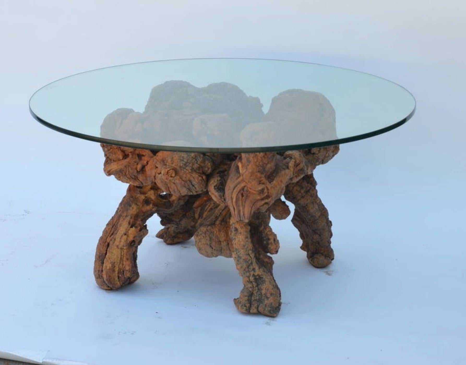 Organic Modern Quadripod Bog Wood and Glass Coffee Table For Sale 2