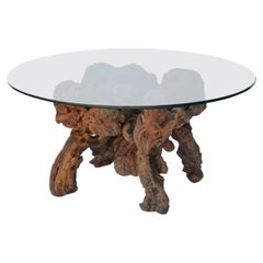 Retro Organic Modern Quadripod Bog Wood and Glass Coffee Table
