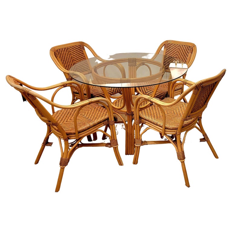 Organic Modern Rattan Round Dining Table Set with 4 Matching Chairs For