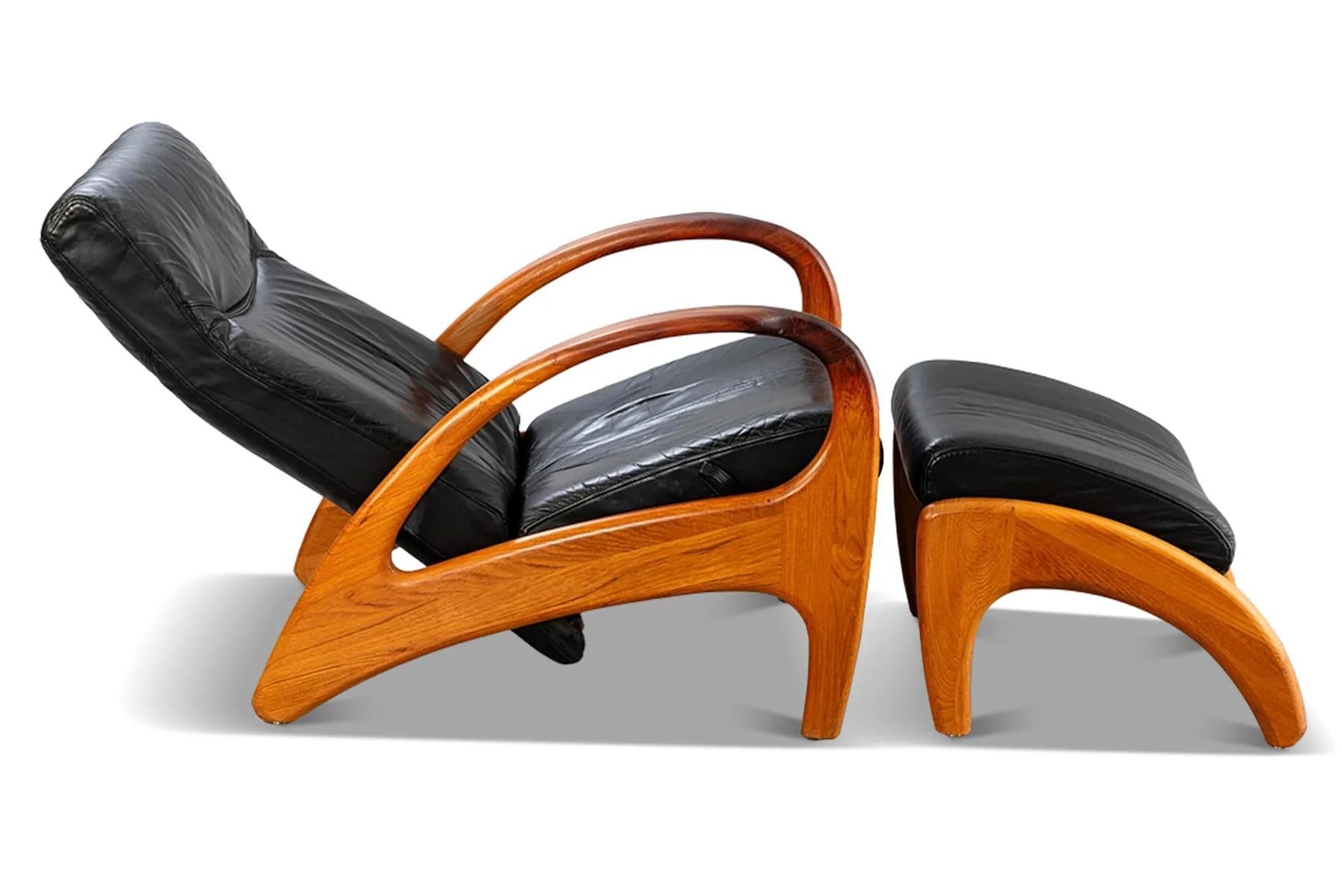Mid-Century Modern Organic modern reclining teak + leather lounge chair with ottoman For Sale