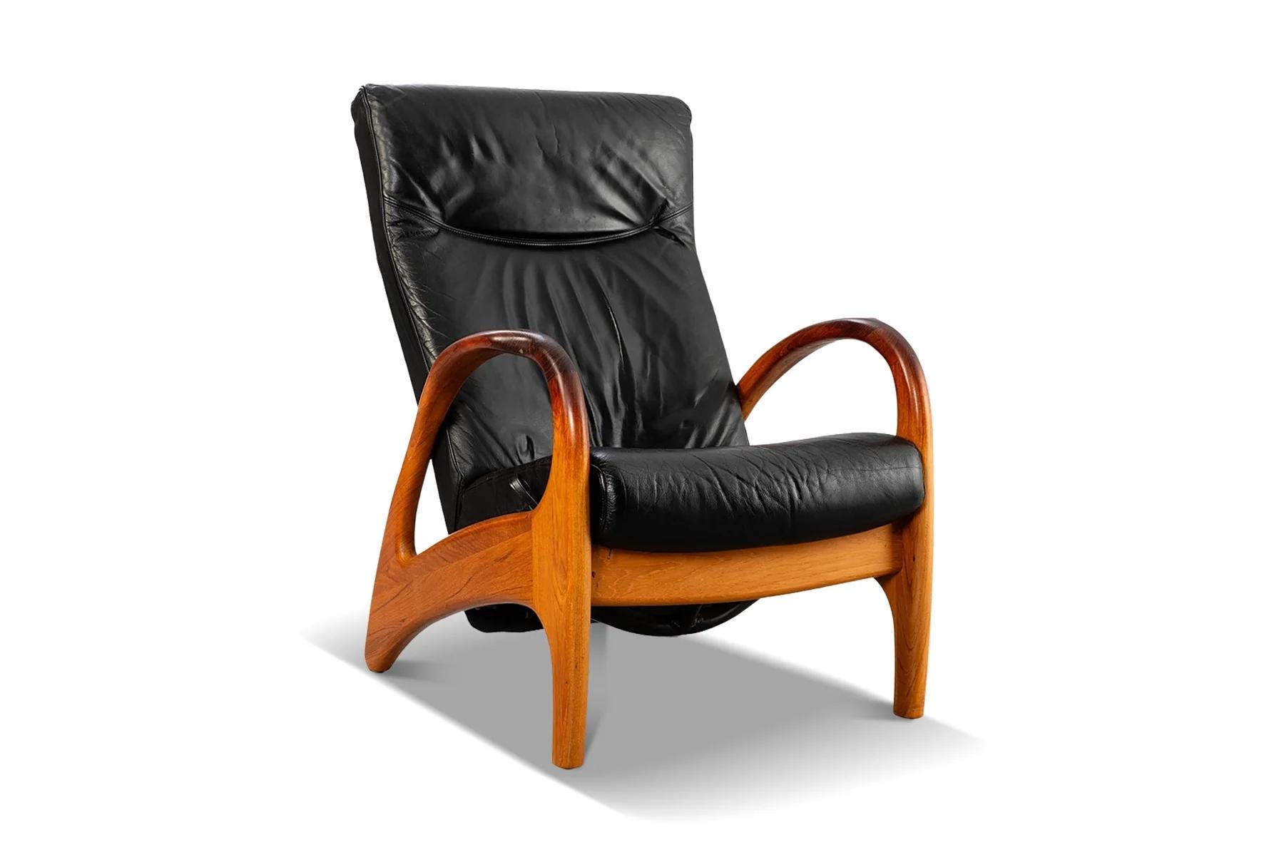 Organic modern reclining teak + leather lounge chair with ottoman 1