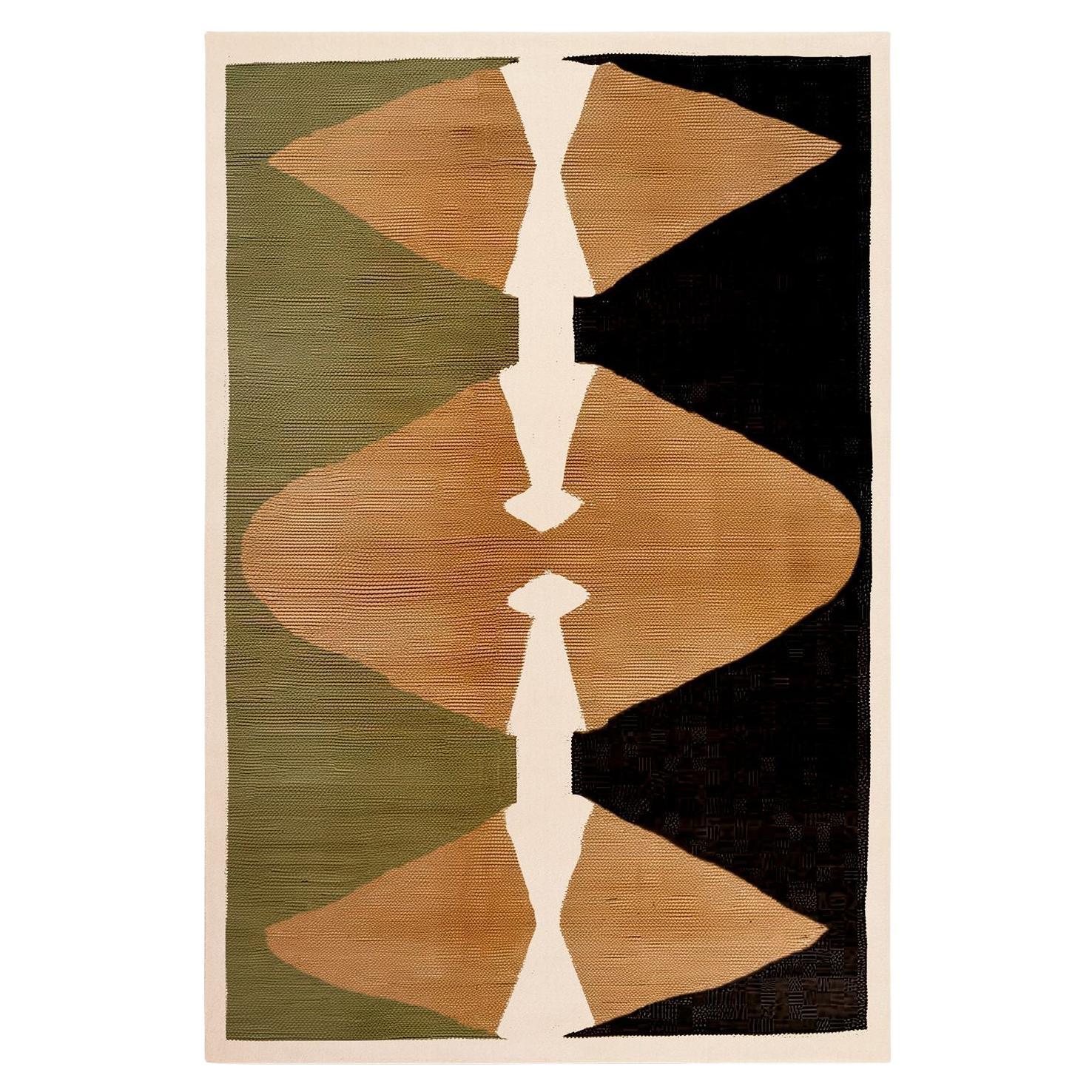 Organic Modern Rectangular Rug Ethnic Pattern Green, Yellow, Black, White For Sale