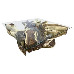 Organic Modern Root Table with Safety Glass Table Top, Sonokeling Wood, 2024